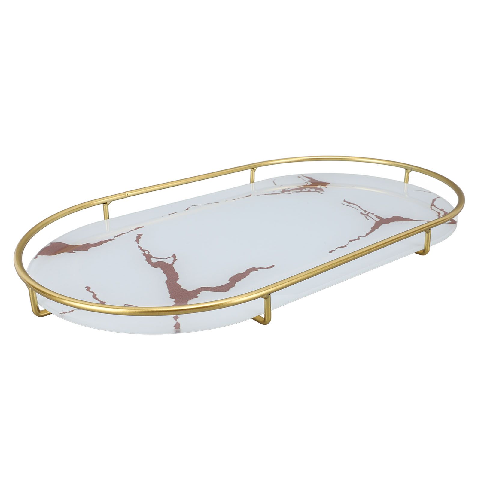 Bathroom Storage Tray Light Luxury Decorative Golden Texture Oval Bathroom Organiser Tray for Soap Towel Paper Napkins Jewellery Makeup White Base - Image 1