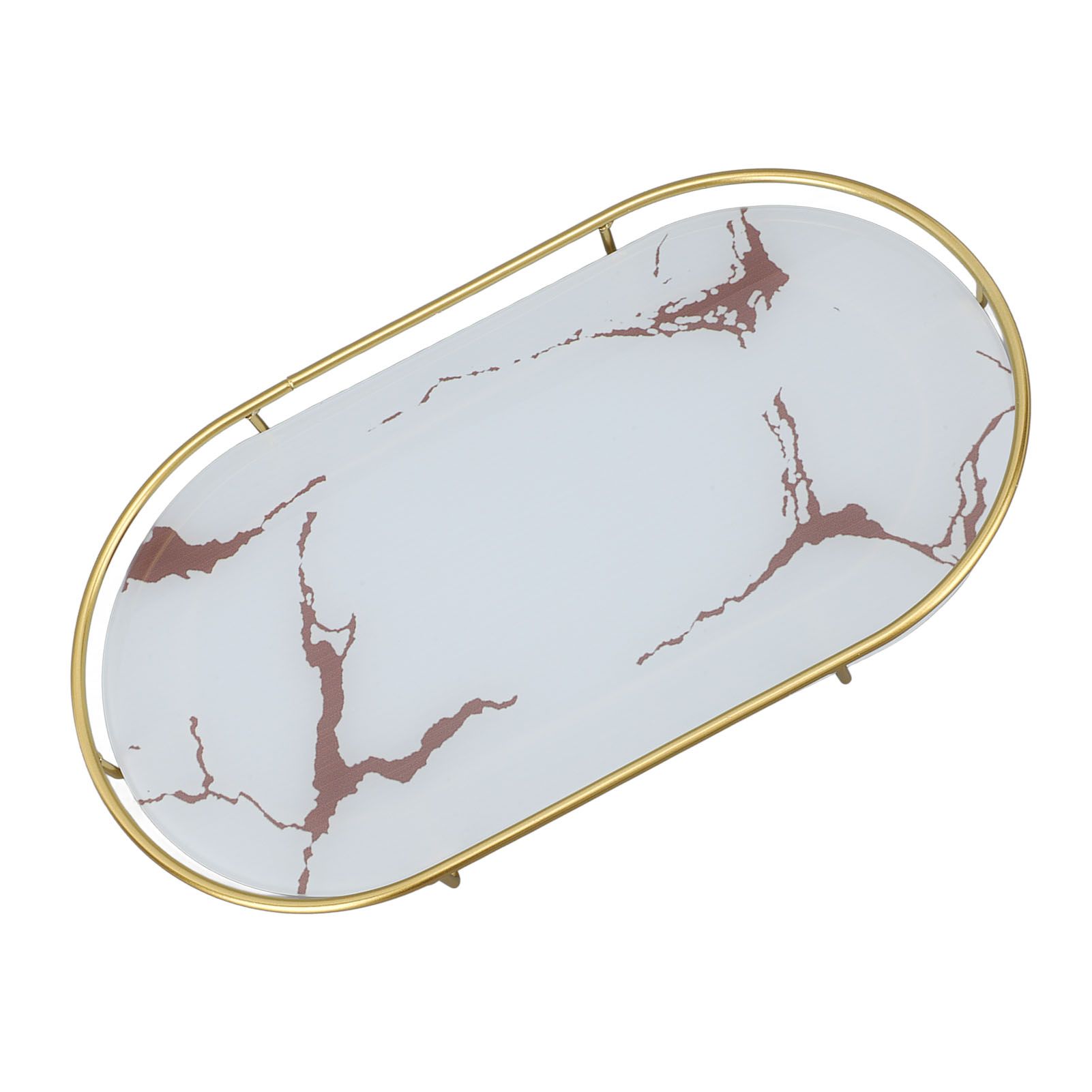 Bathroom Storage Tray Light Luxury Decorative Golden Texture Oval Bathroom Organiser Tray for Soap Towel Paper Napkins Jewellery Makeup White Base - Image 2