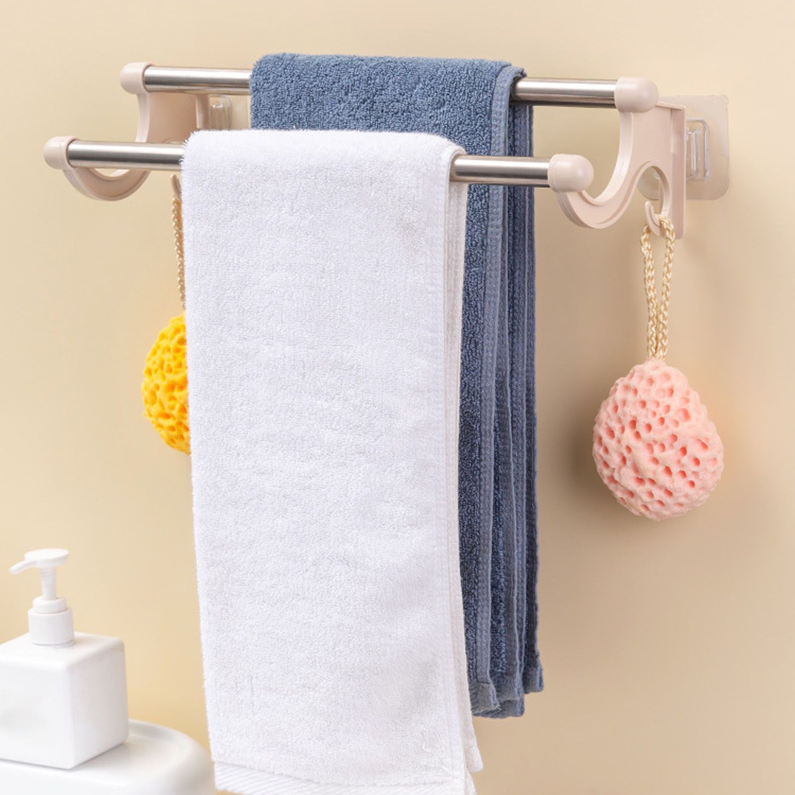 Double Towel Bar Plastic Stainless Steel Bath Towel Rack for Bathroom Double Towel Holder Wall Mount Towel Hanger Beige - Image 6