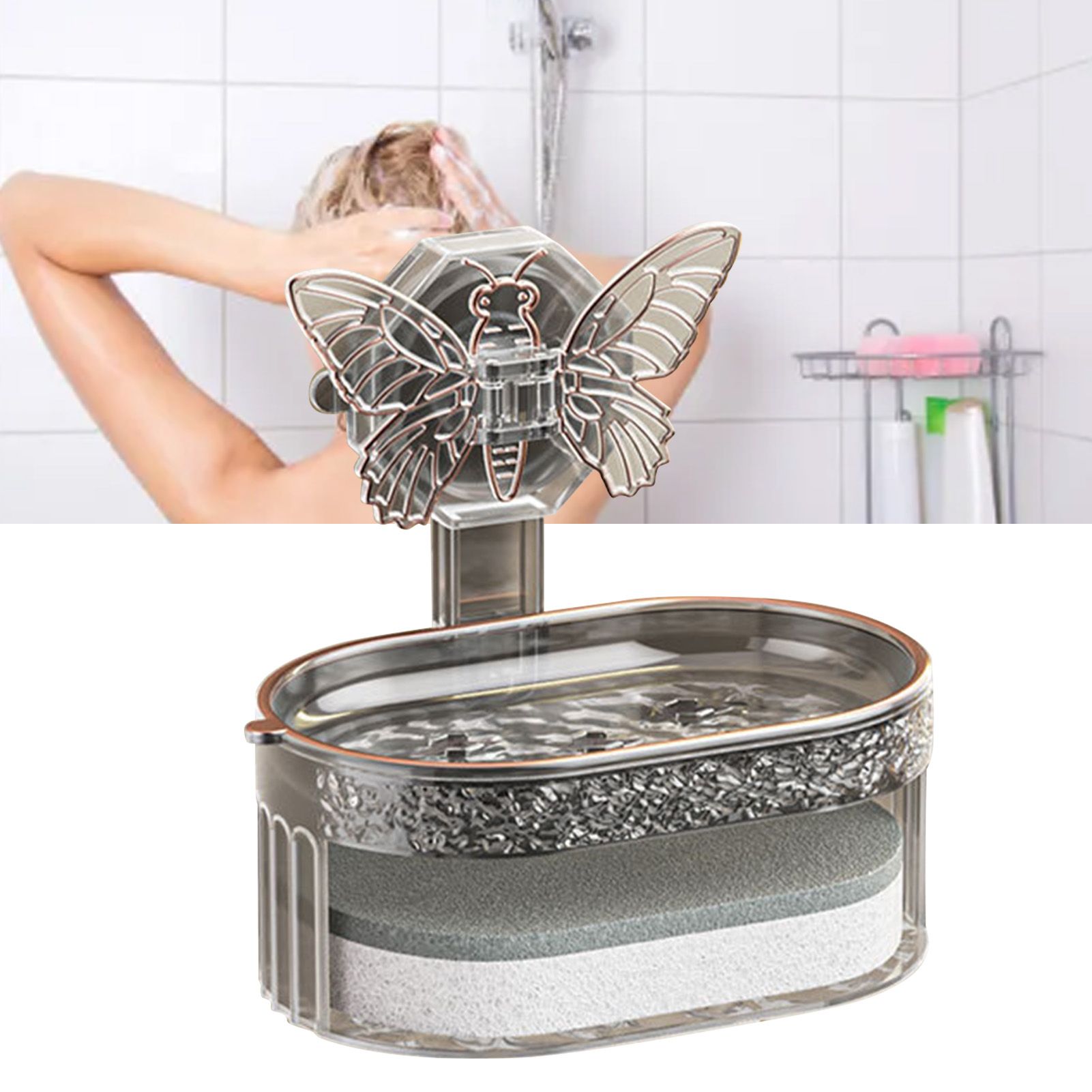 Double Layer Soap Holder Elegant Stylish Vacuum Suction Soap Dish Water Drainage Soap Tray with Sponge for Bathroom Kitchen Black - Image 6