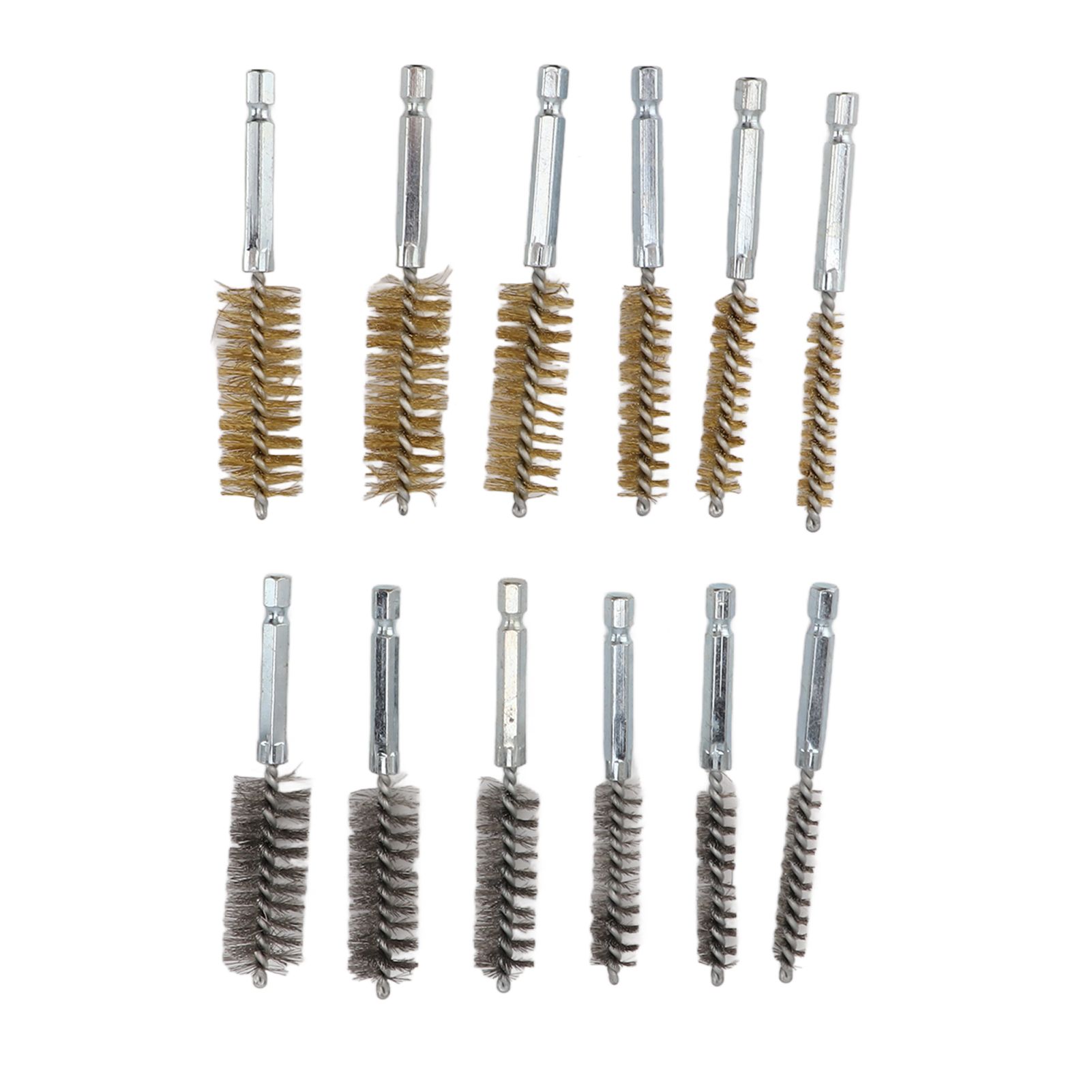 12PCS Bore Brush Copper and Iron 304 Stainless Steel Bristles Wire Brush for Power Drill with Hex Shank Handle - Image 1