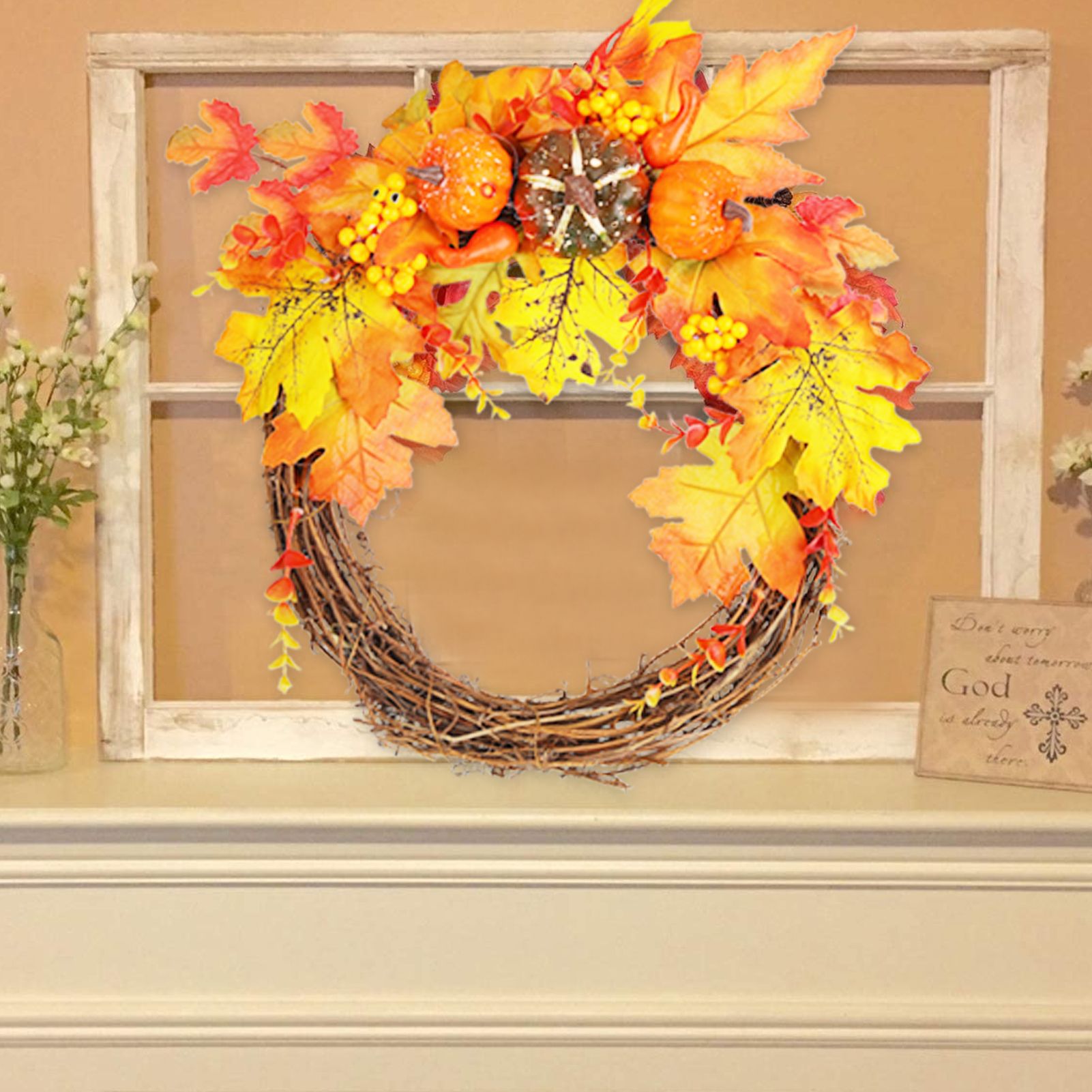 Artificial Leaf Pumpkin Wreath Door Window Fall Wreath for Halloween Christmas Decoration - Image 8
