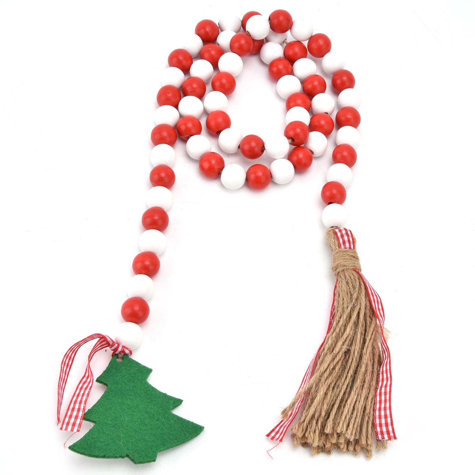 Wood Bead Garland Christmas Tree Tassel Wooden Bead Ornaments for Home Festival Decoration(Red White ) - Image 1