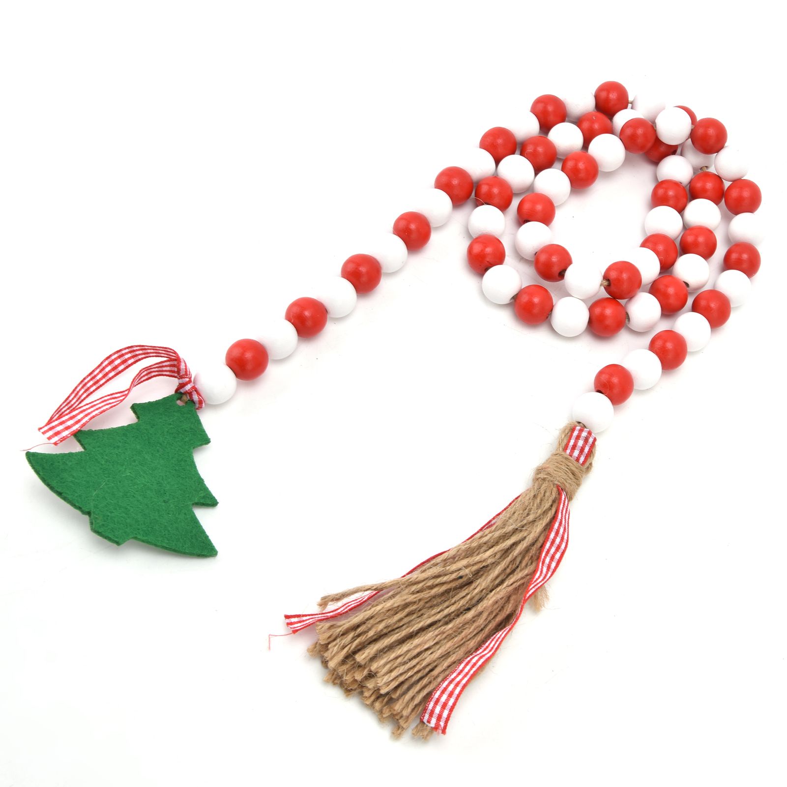 Wood Bead Garland Christmas Tree Tassel Wooden Bead Ornaments for Home Festival Decoration(Red White ) - Image 2