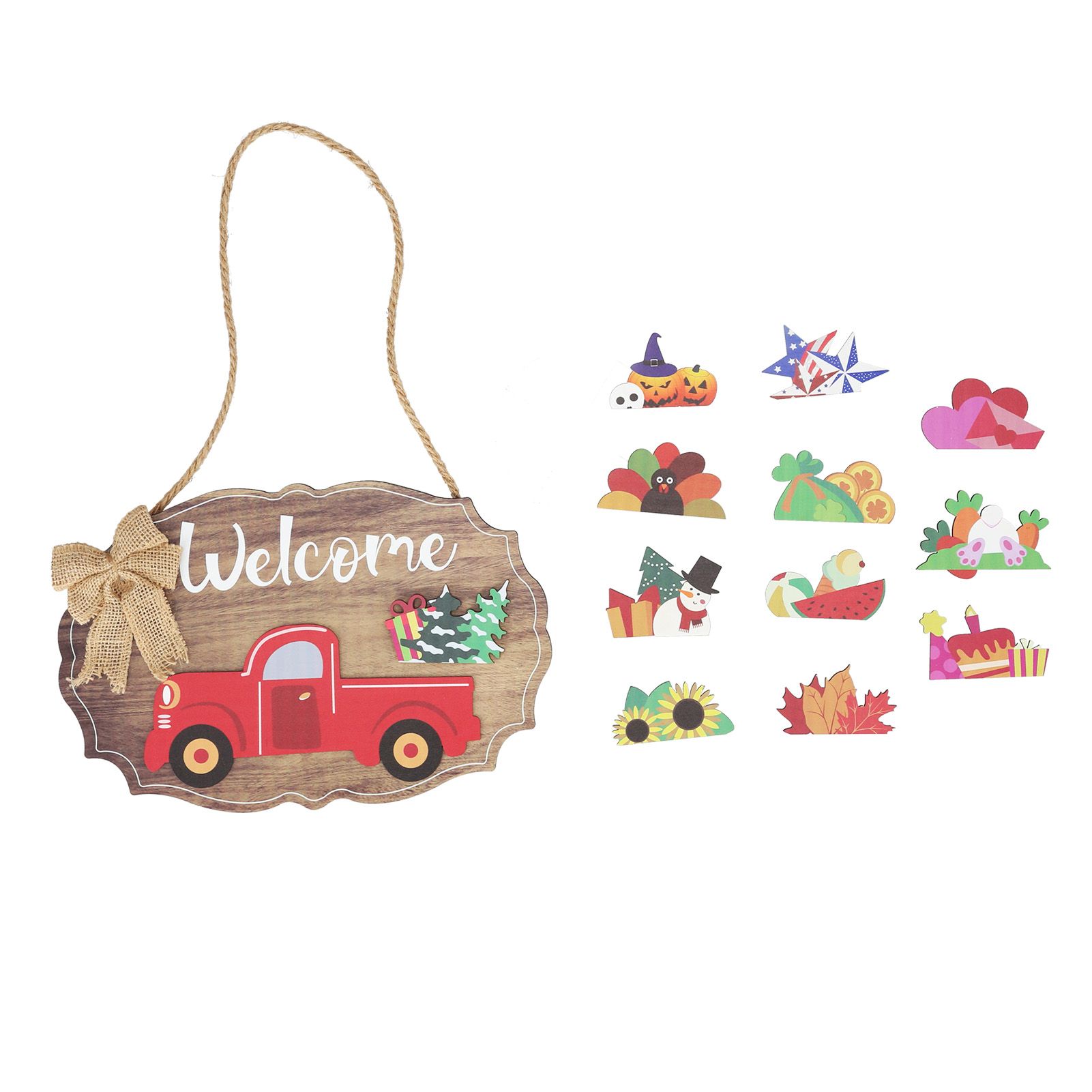 Wooden Welcome Sign with 12Pcs Interchangeable Seasonal Icons Wall Hanging Plaque for Front Door - Image 1