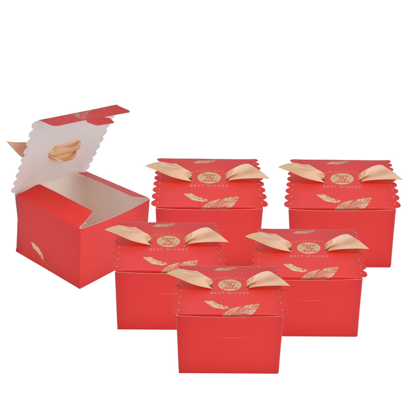 50Pcs Square Wedding Candy Box with Golden Ribbon Innovative Paperboard Box for Party AnniversaryL Red Gold Feather - Image 3