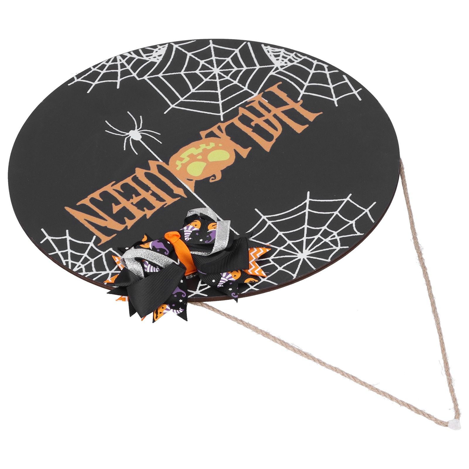 Halloween Spider Web Pattern Wooden Welcome Sign Decorative Hanging Board for Indoor OutdoorWith Bow - Image 1