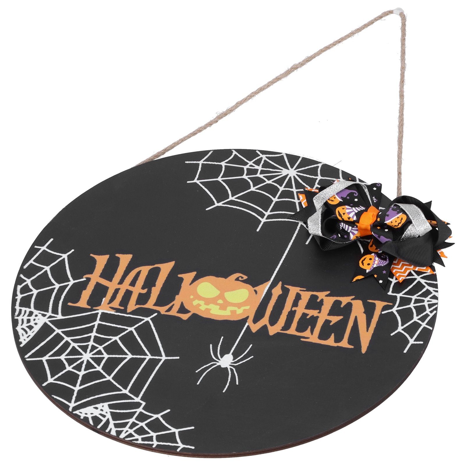 Halloween Spider Web Pattern Wooden Welcome Sign Decorative Hanging Board for Indoor OutdoorWith Bow - Image 2