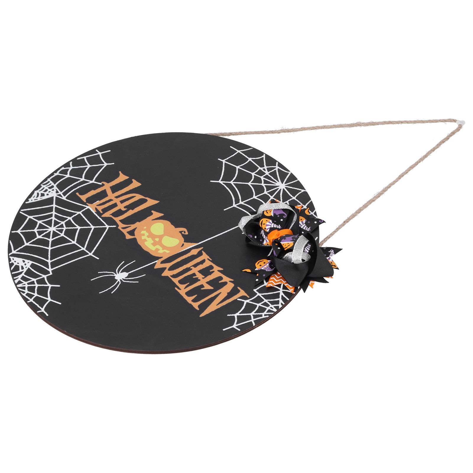 Halloween Spider Web Pattern Wooden Welcome Sign Decorative Hanging Board for Indoor OutdoorWith Bow - Image 3