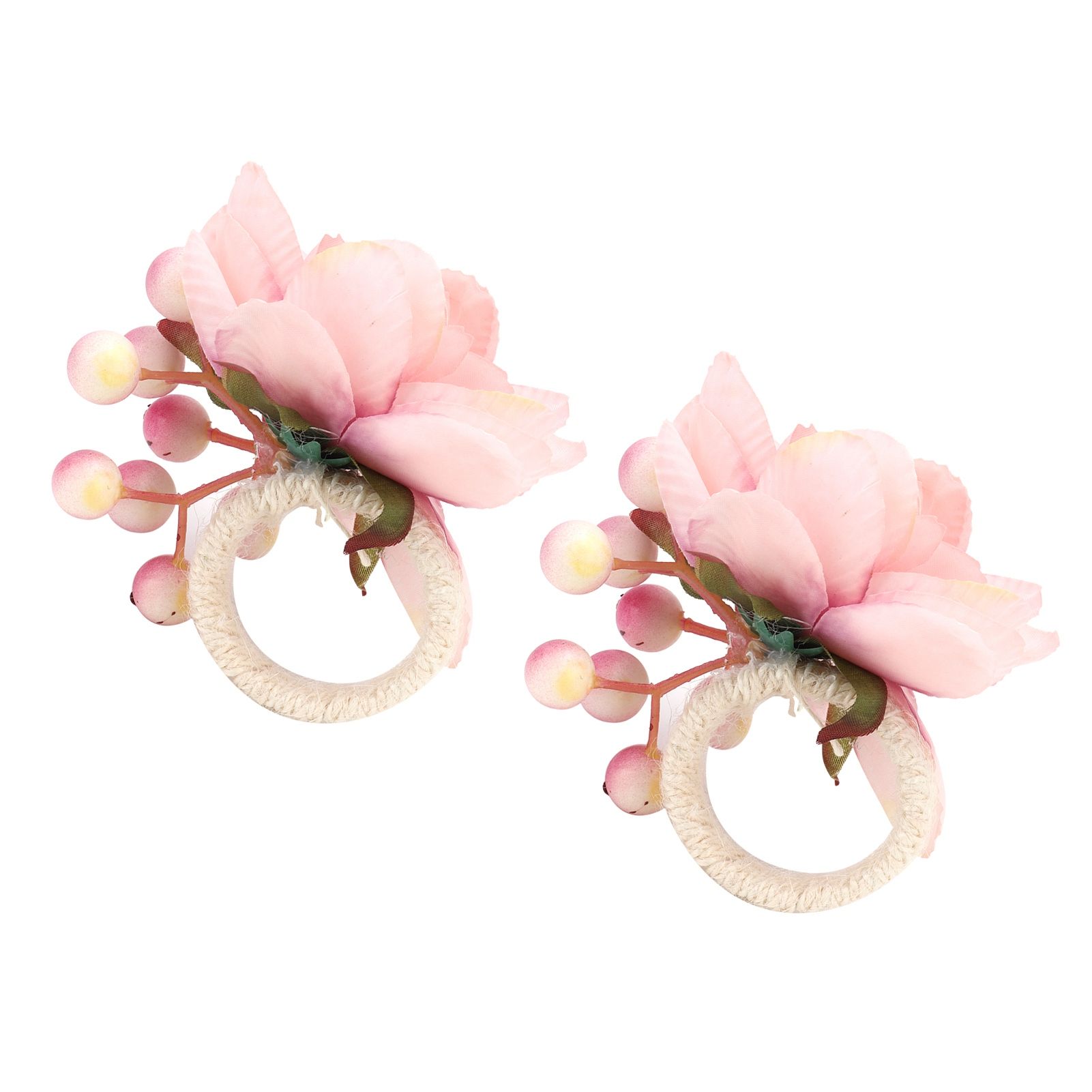 2Pcs Hemp Rope Napkin Buckle Simulation Flower Napkin Ring for Hotel Western Restaurant6623 Pink - Image 2