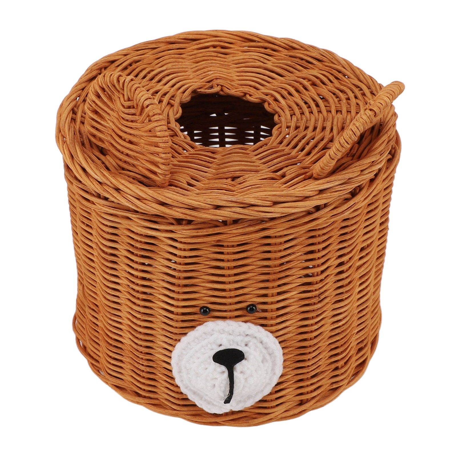 Tissue Box Cover Rattan Cute Bear Brown with Lid Easy Access Round Easy Maintenance Versatile Holder Dispenser for Photo Props - Image 1