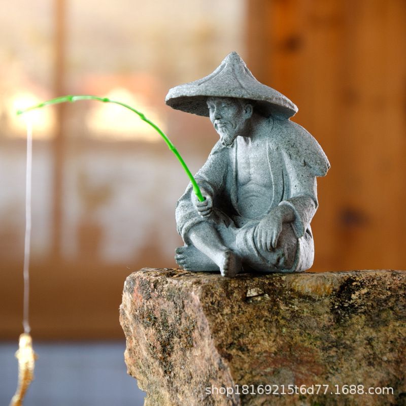 Fisherman Ornament Resin Unique Light Gray Old Man Fishing Statues for Rock Garden Ecological Fish Tank Micro Landscape - Image 5