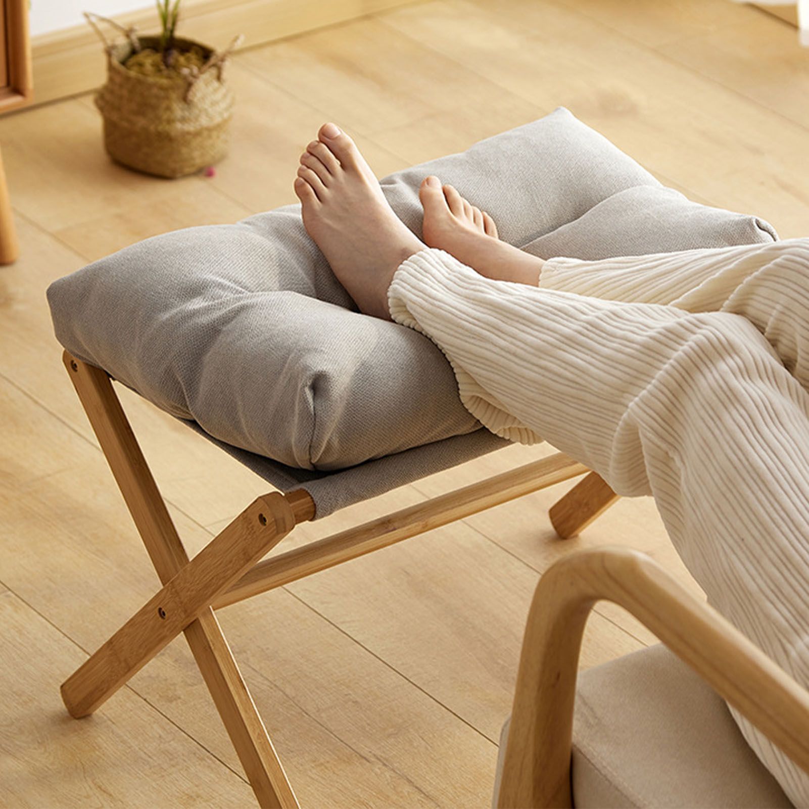 Foot Stool Foldable X Leg Modern Multifunctional Foot Rest with Soft Cushion for Living Room Bedroom Office Gray - Image 5