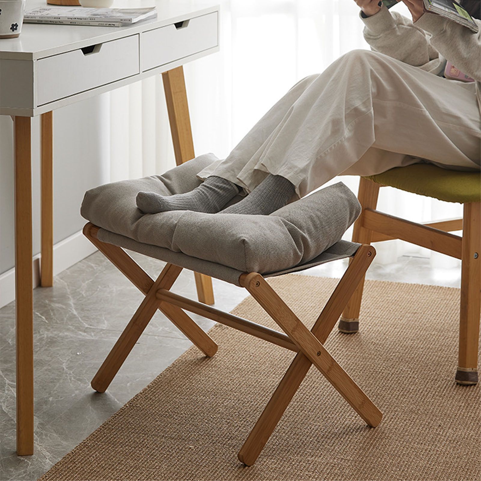 Foot Stool Foldable X Leg Modern Multifunctional Foot Rest with Soft Cushion for Living Room Bedroom Office Gray - Image 6