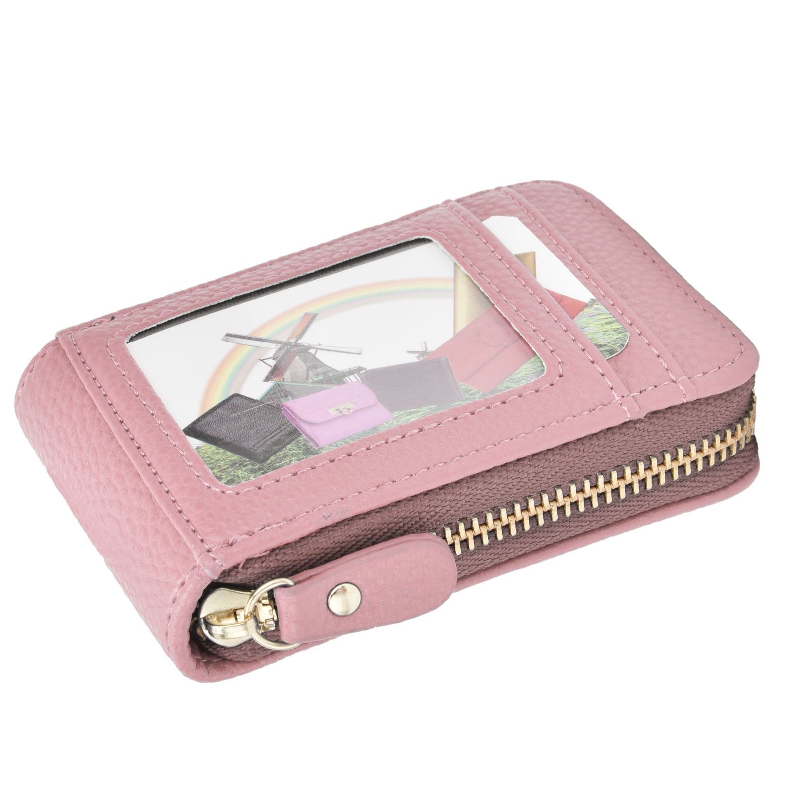 Credit Card Bag with Zipper Fashionable Mini Portable Antimagnetic ID Cards Holder Wallet PursePink - Image 1