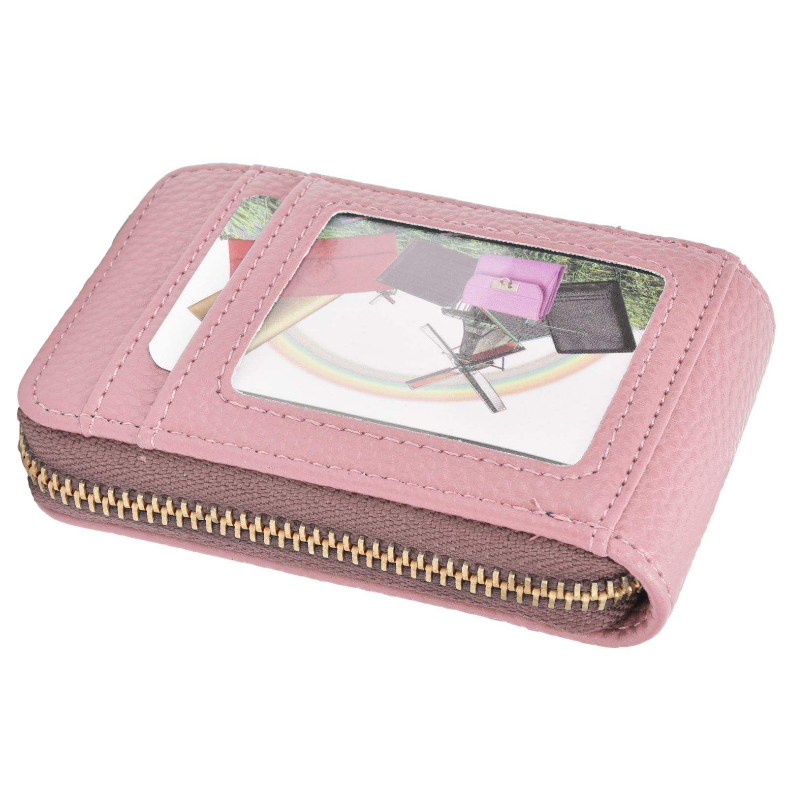 Credit Card Bag with Zipper Fashionable Mini Portable Antimagnetic ID Cards Holder Wallet PursePink - Image 2