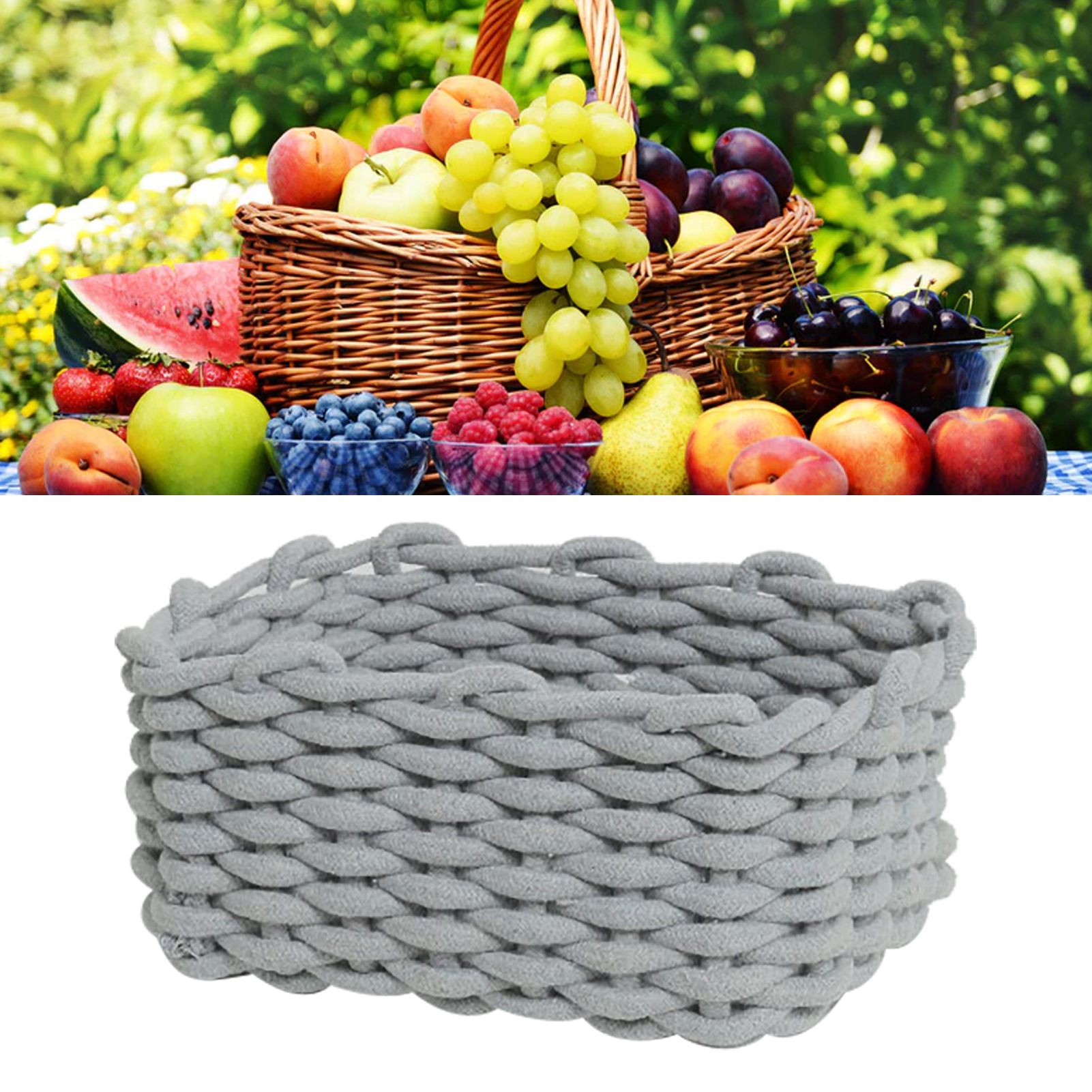 Cotton Rope Storage Basket Hand Knitting Nordic Style Desktop Storage Organizer for Key Snacks Underwear Grey 30x22x14cm/11.8x8.7x5.5in - Image 5