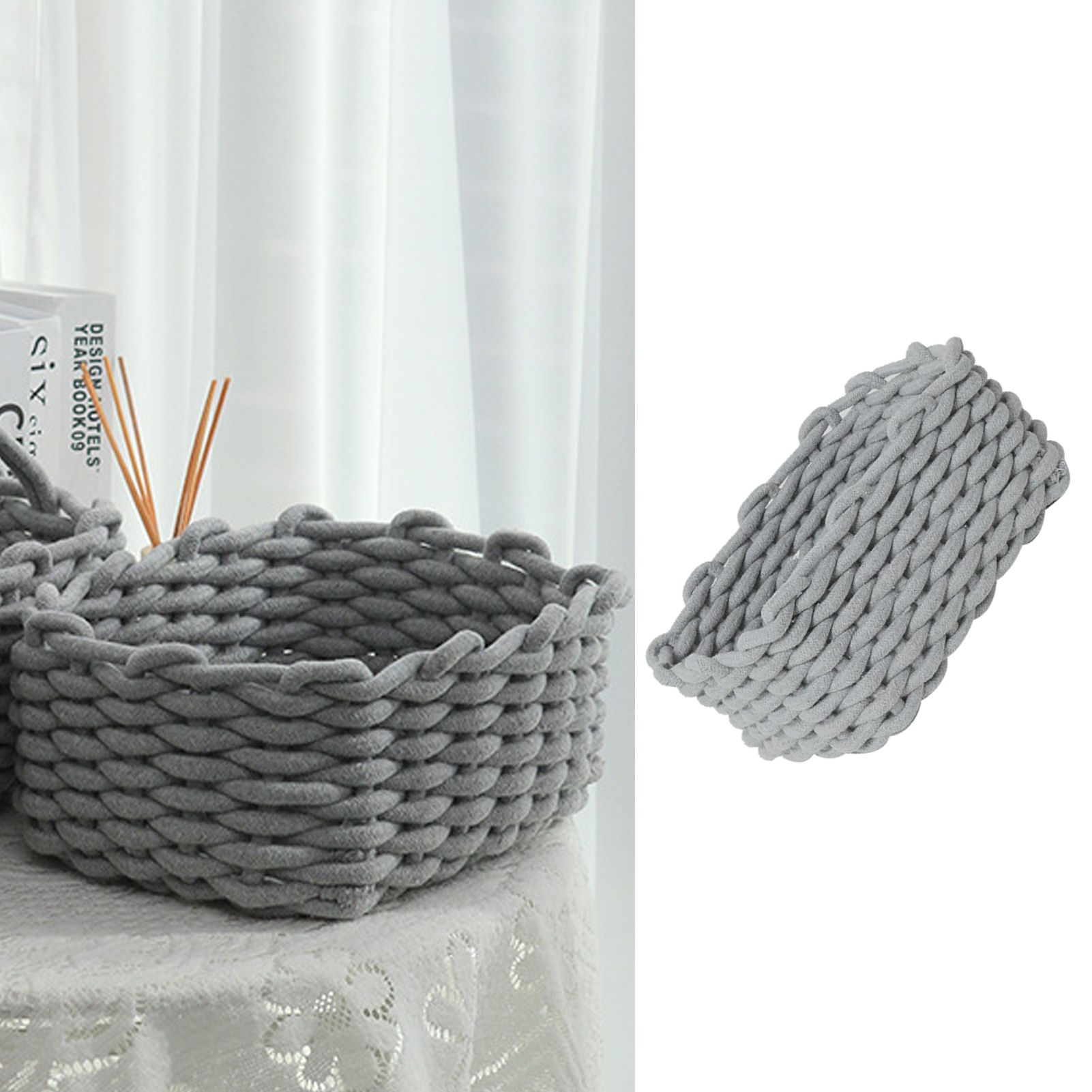 Cotton Rope Storage Basket Hand Knitting Nordic Style Desktop Storage Organizer for Key Snacks Underwear Grey 30x22x14cm/11.8x8.7x5.5in - Image 6