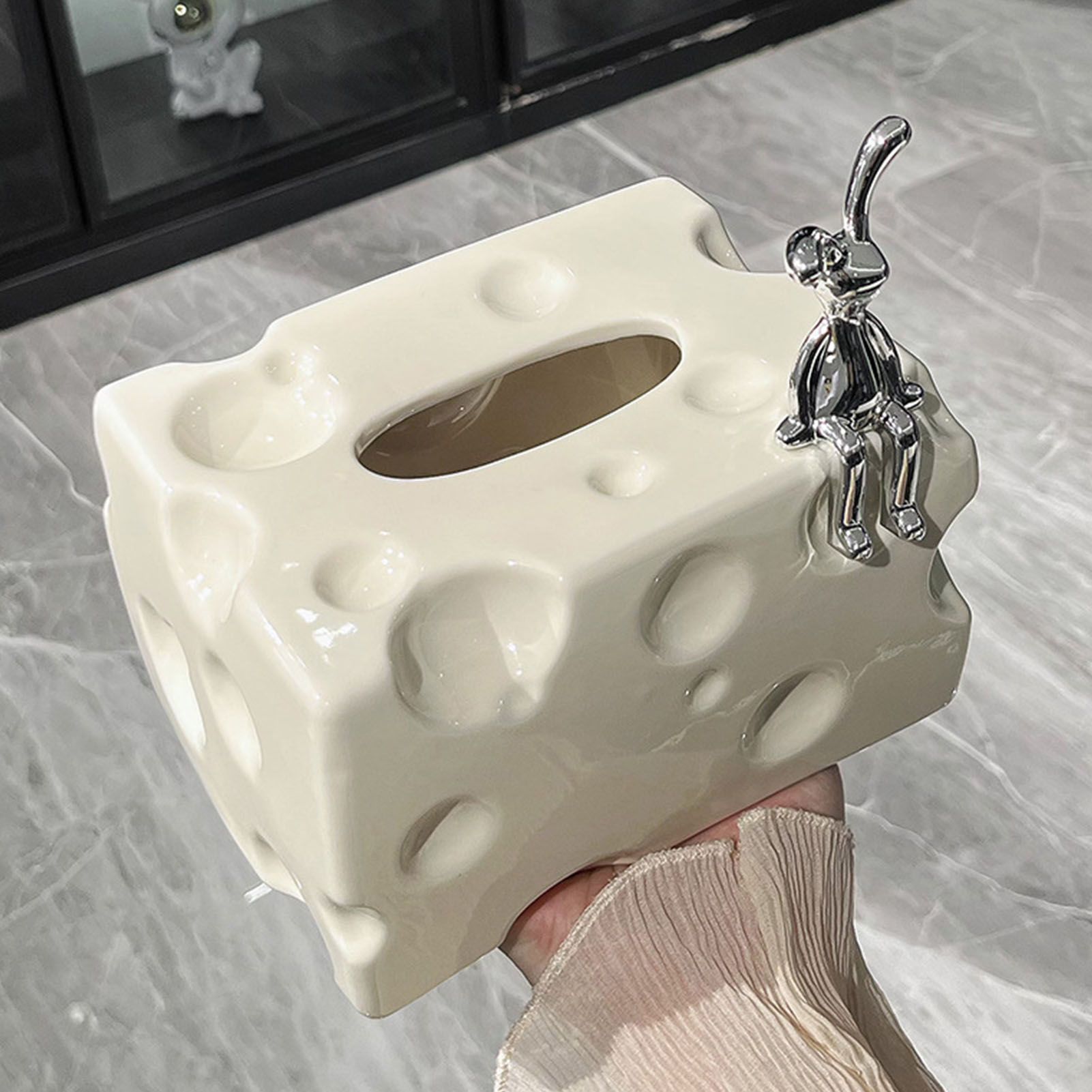 Tissue Box Cover Ceramic Rectangular Stylish Elegant Decorative Napkin Box Holder for Desktop Coffee Table Milky White - Image 8