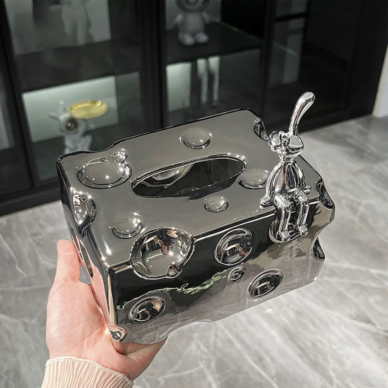 Tissue Box Cover Ceramic Rectangular Stylish Elegant Decorative Napkin Box Holder for Desktop Coffee Table Silver - Image 7