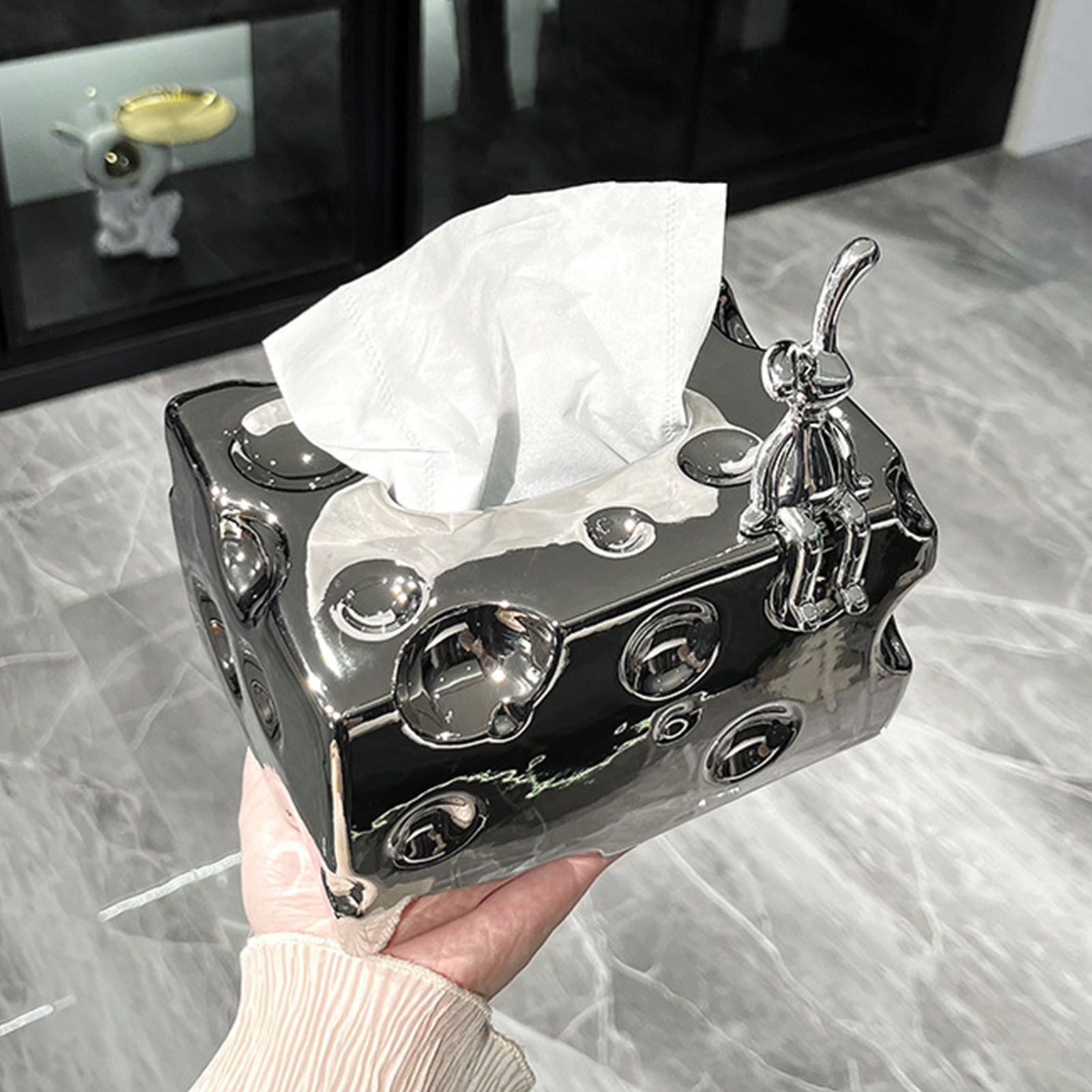 Tissue Box Cover Ceramic Rectangular Stylish Elegant Decorative Napkin Box Holder for Desktop Coffee Table Silver - Image 8