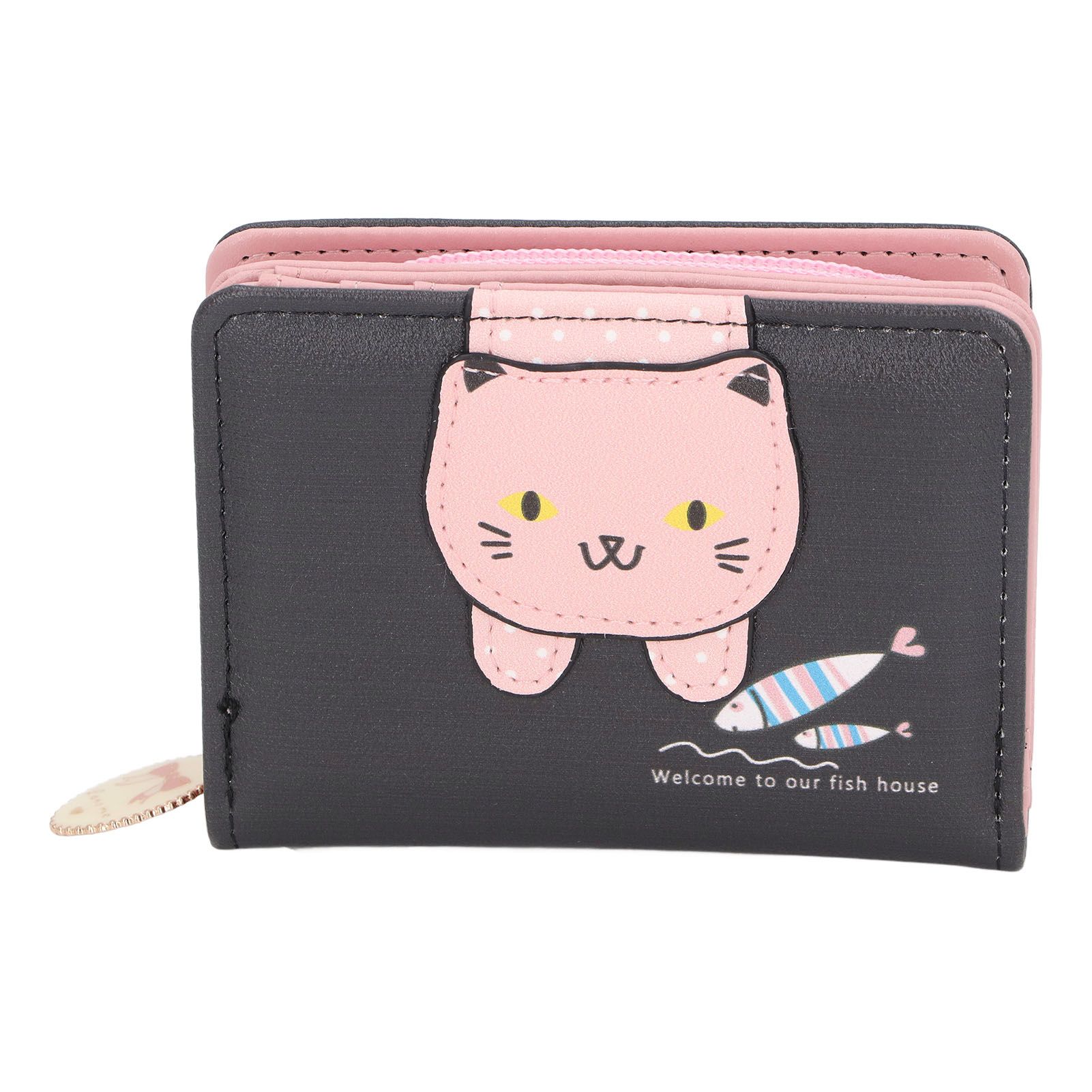 Female Korean Version Small PU Leather Coin Purse Student Cute Animal Change Bag Zipper Foldable Short Style Change Purse for Woman Girls Black - Image 1