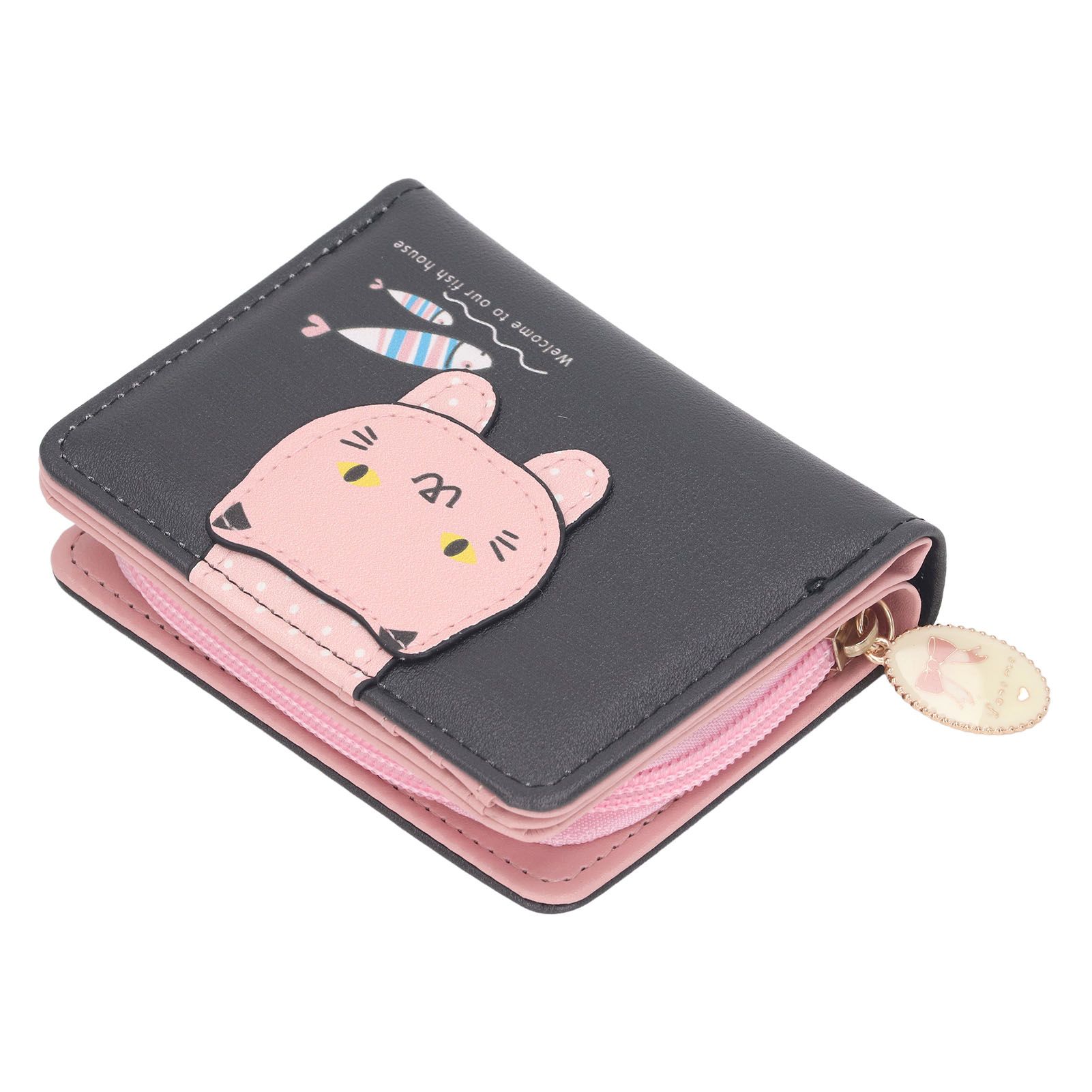 Female Korean Version Small PU Leather Coin Purse Student Cute Animal Change Bag Zipper Foldable Short Style Change Purse for Woman Girls Black - Image 2