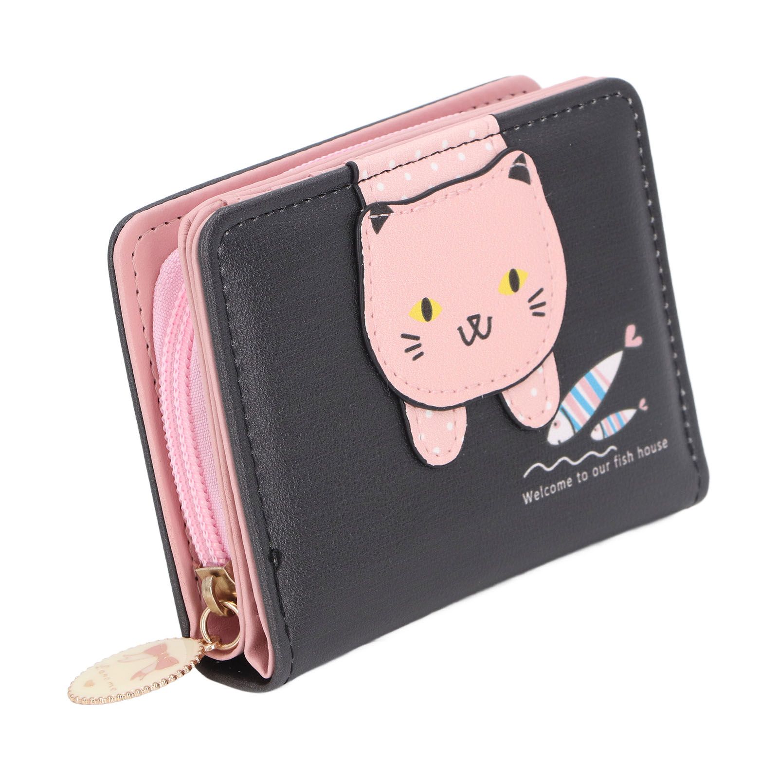 Female Korean Version Small PU Leather Coin Purse Student Cute Animal Change Bag Zipper Foldable Short Style Change Purse for Woman Girls Black - Image 3