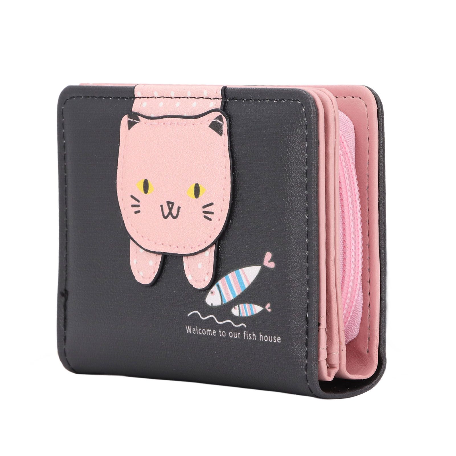 Female Korean Version Small PU Leather Coin Purse Student Cute Animal Change Bag Zipper Foldable Short Style Change Purse for Woman Girls Black - Image 5