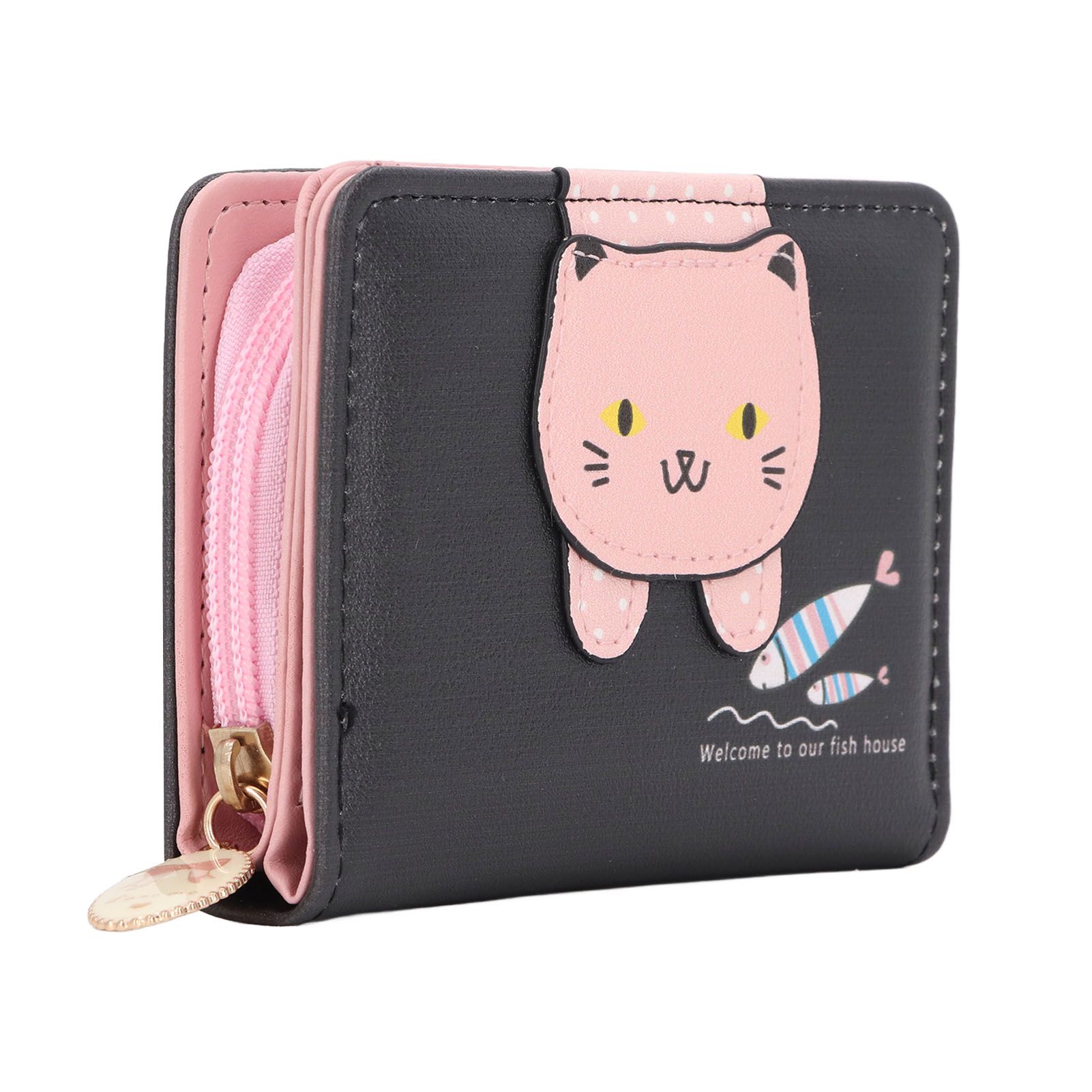 Female Korean Version Small PU Leather Coin Purse Student Cute Animal Change Bag Zipper Foldable Short Style Change Purse for Woman Girls Black - Image 6