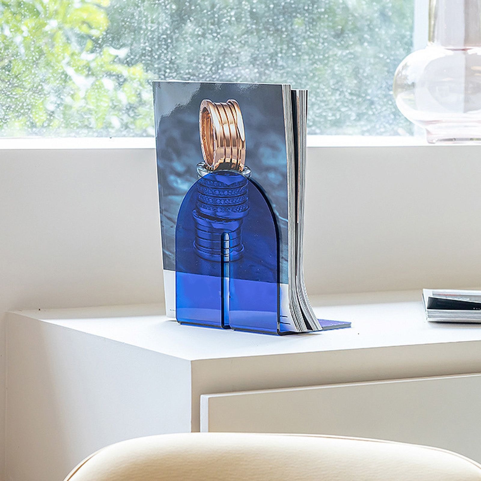 Acrylic Book End Thickened L Shape Bookend Stopper Desktop Book Organizer for Home Library Office Translucent Blue - Image 6