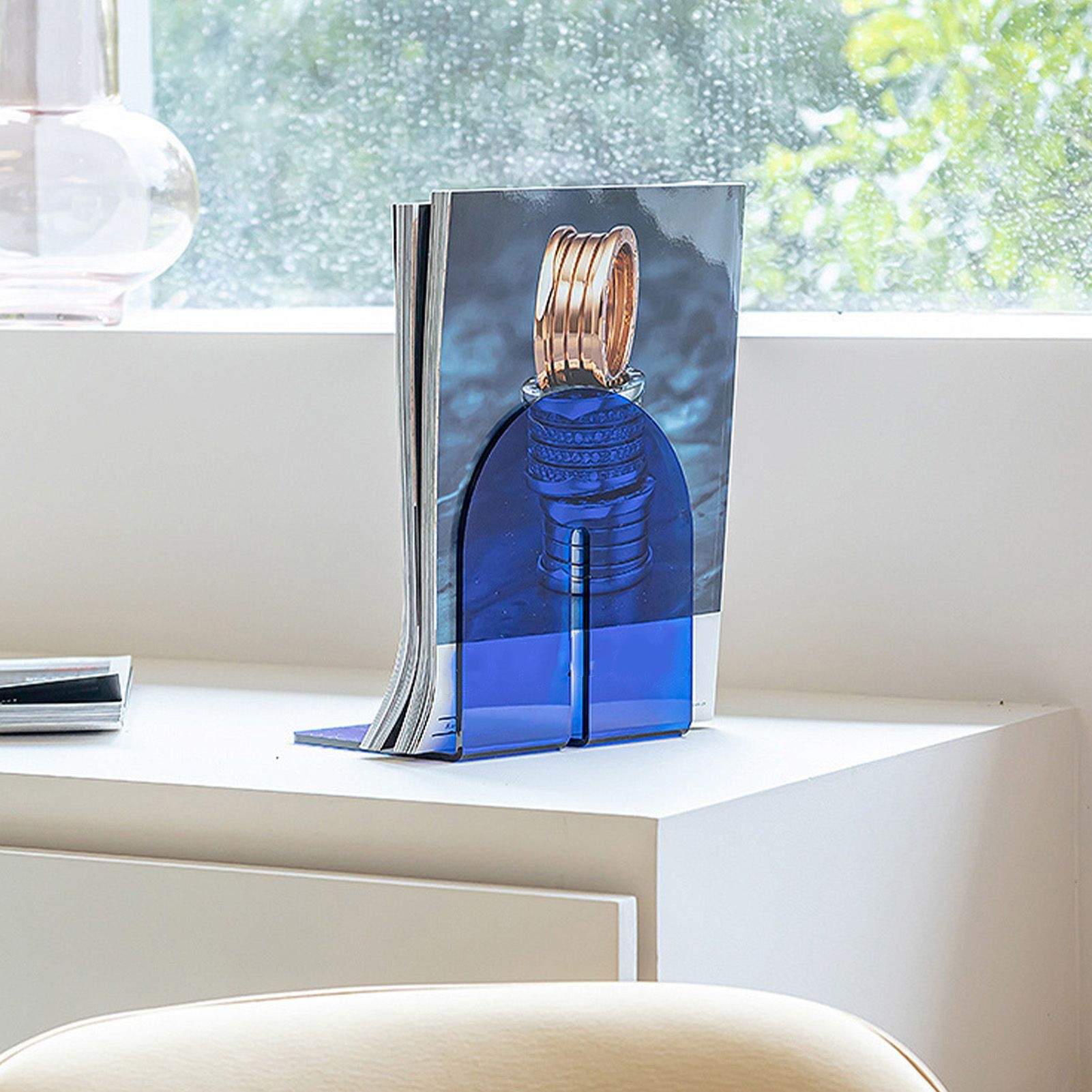 Acrylic Book End Thickened L Shape Bookend Stopper Desktop Book Organizer for Home Library Office Translucent Blue - Image 8