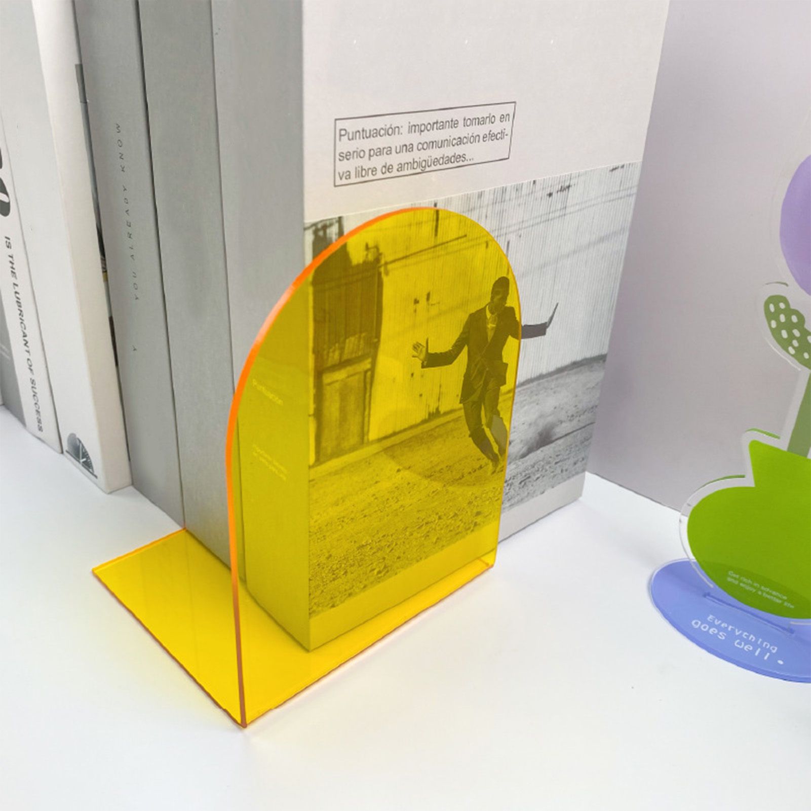 1 Pair of Bookends Thicken Non Slip Transparent Acrylic Desk Decorative Heavy Book End for Student Office L Shaped Yellow - Image 5