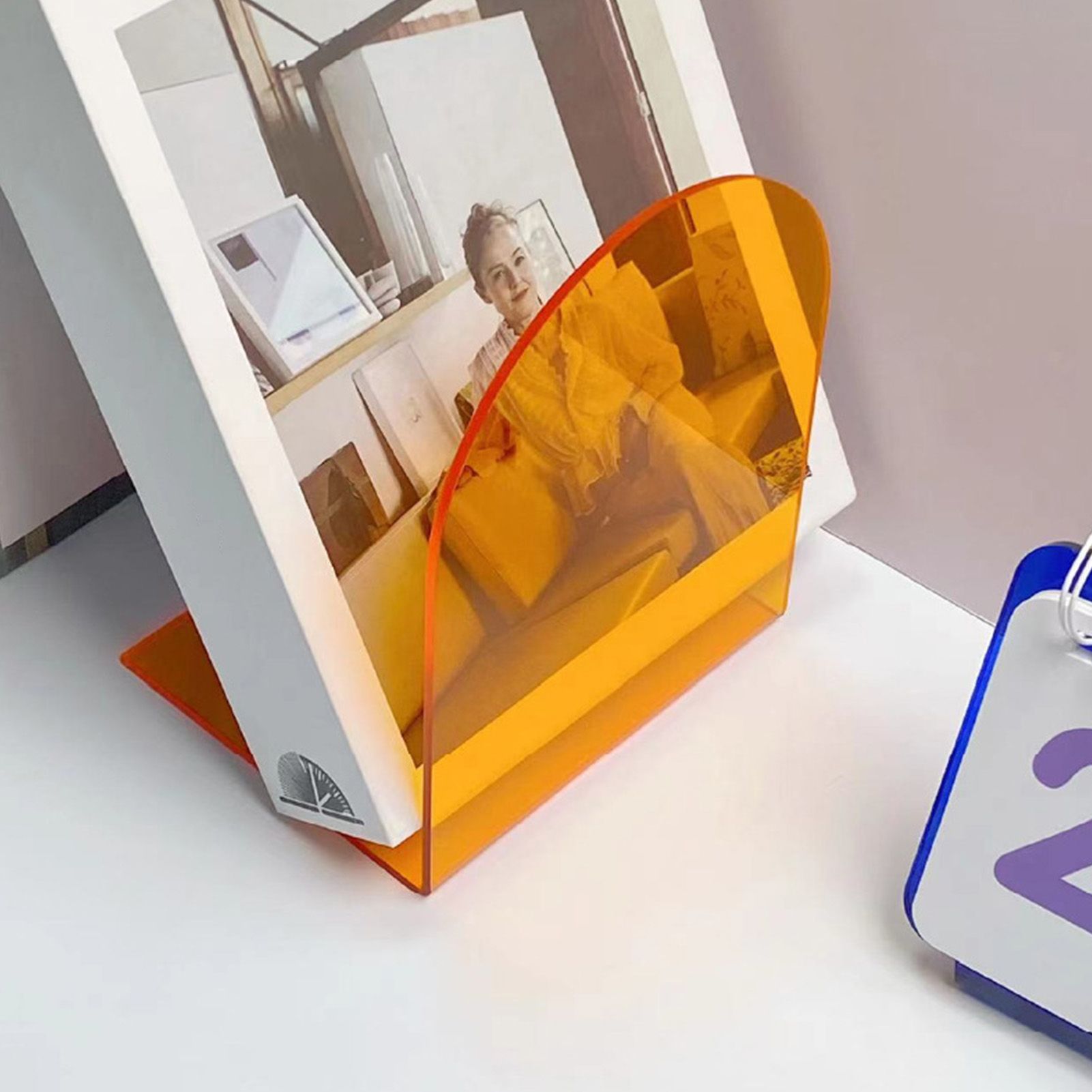 1 Pair of Bookends Thicken Non Slip Transparent Acrylic Desk Decorative Heavy Book End for Student Office L Shaped Orange - Image 6