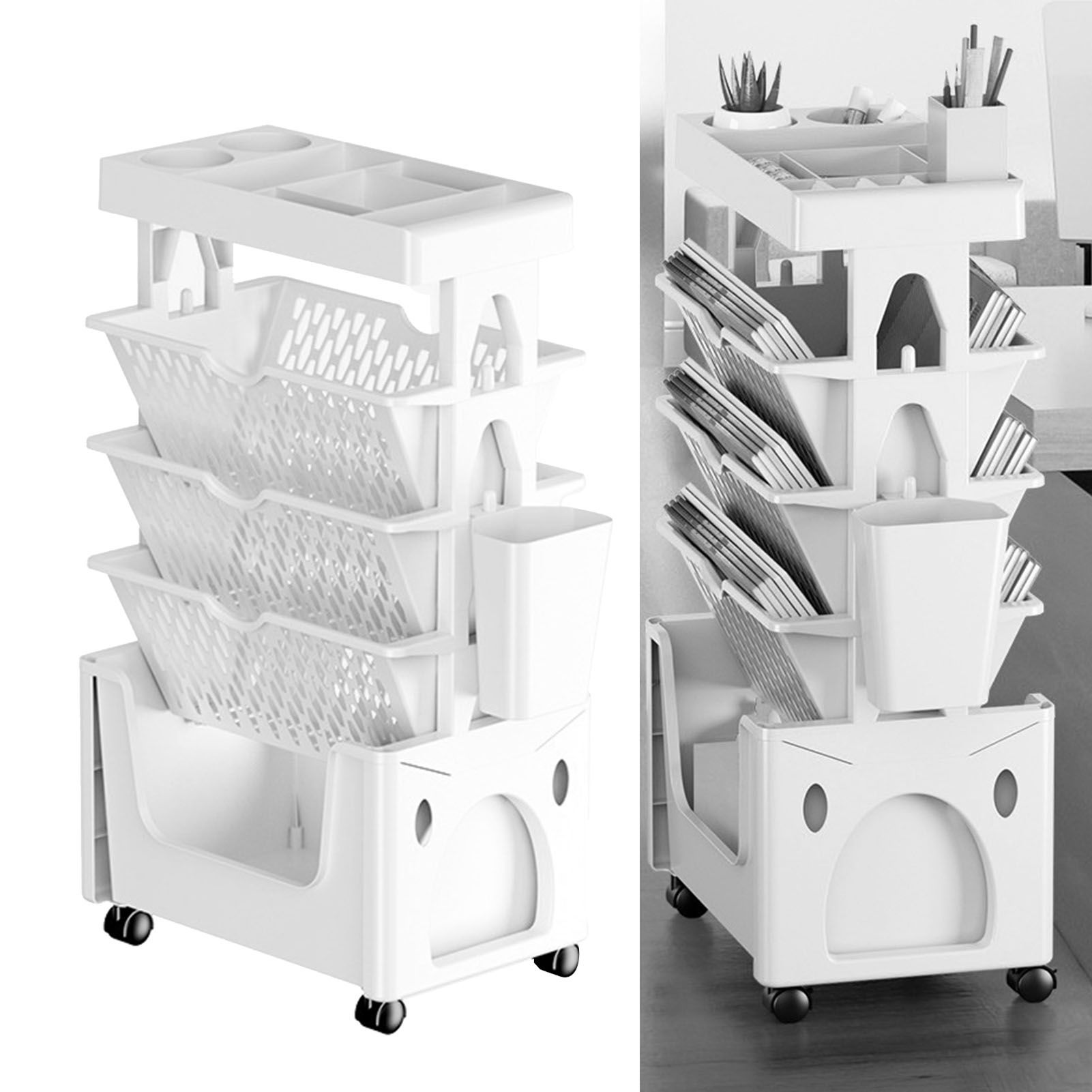 Rolling Mobile Bookshelf with Wheels 5 Tiers Large Capacity Strong Load Bearing Capacity Utility Cart for Study Kitchen White - Image 5