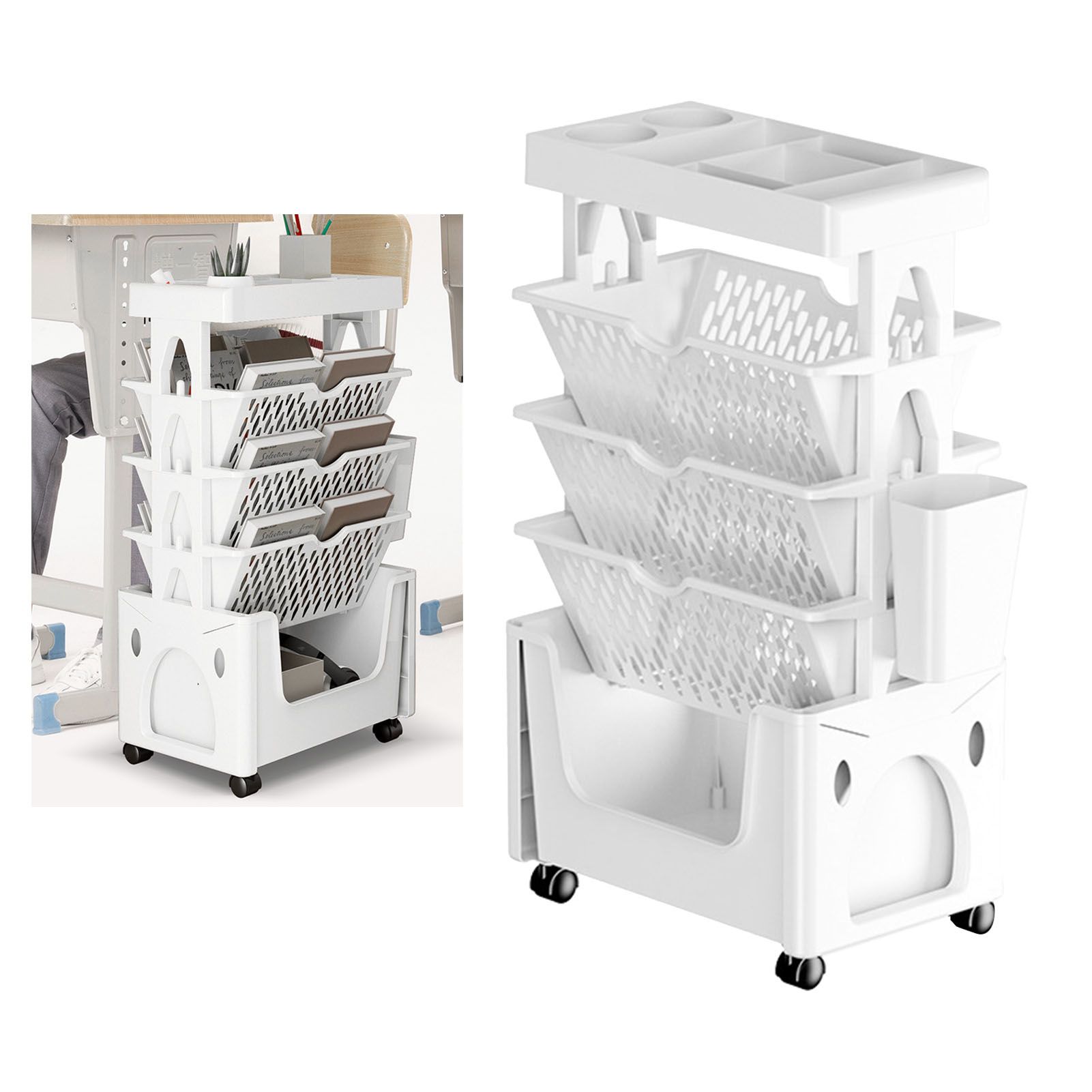Rolling Mobile Bookshelf with Wheels 5 Tiers Large Capacity Strong Load Bearing Capacity Utility Cart for Study Kitchen White - Image 6