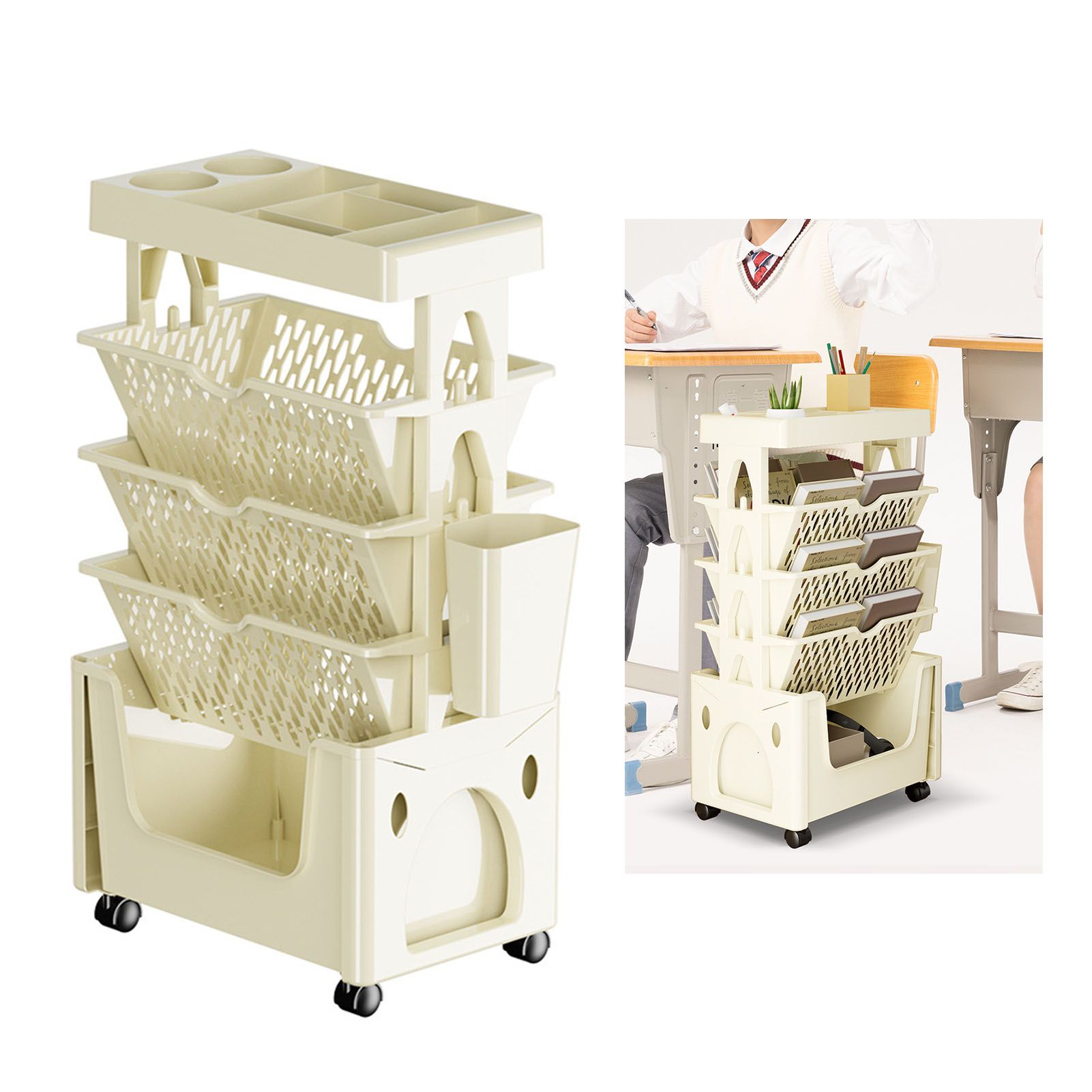 Rolling Mobile Bookshelf with Wheels 5 Tiers Large Capacity Strong Load Bearing Capacity Utility Cart for Study Kitchen Khaki - Image 5