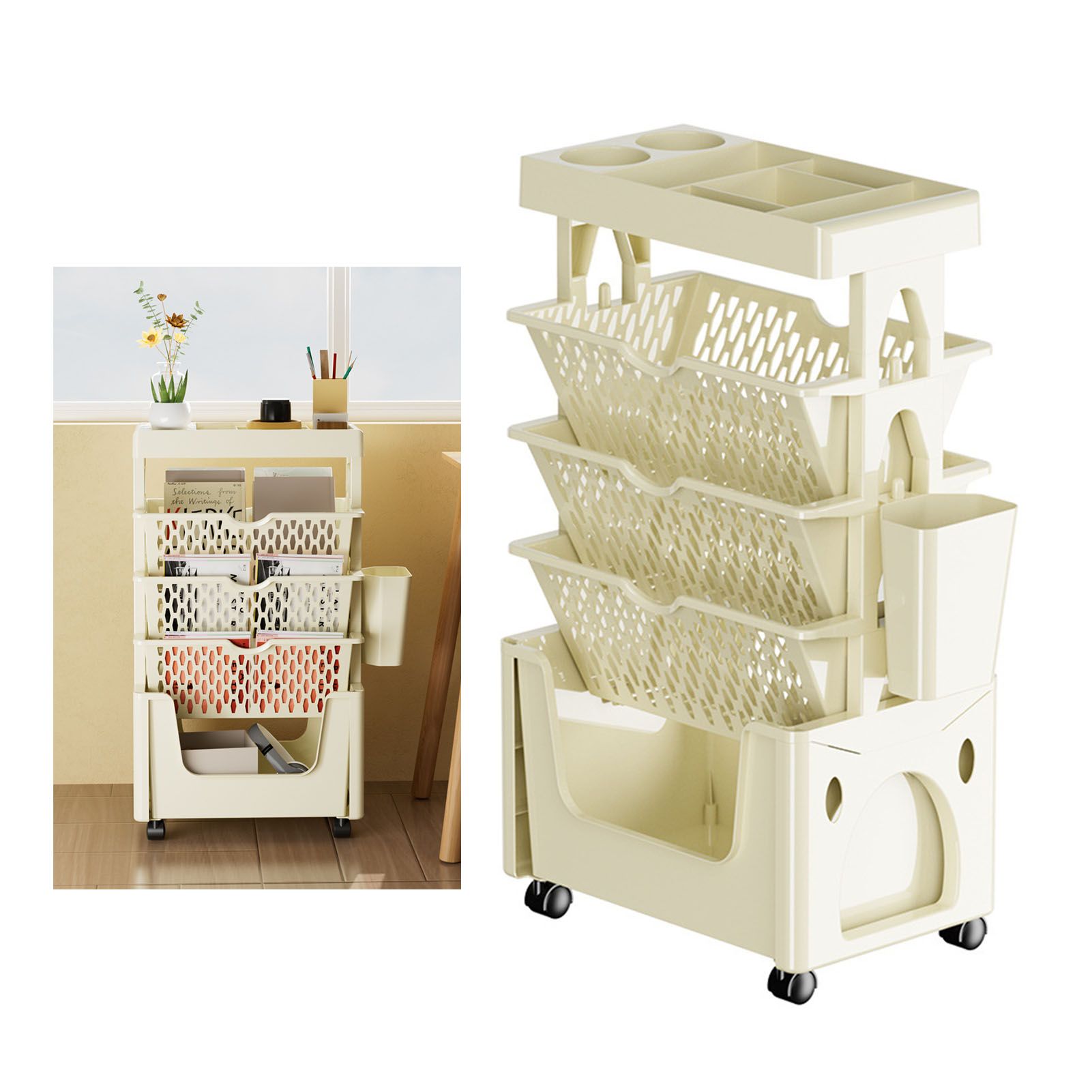 Rolling Mobile Bookshelf with Wheels 5 Tiers Large Capacity Strong Load Bearing Capacity Utility Cart for Study Kitchen Khaki - Image 6