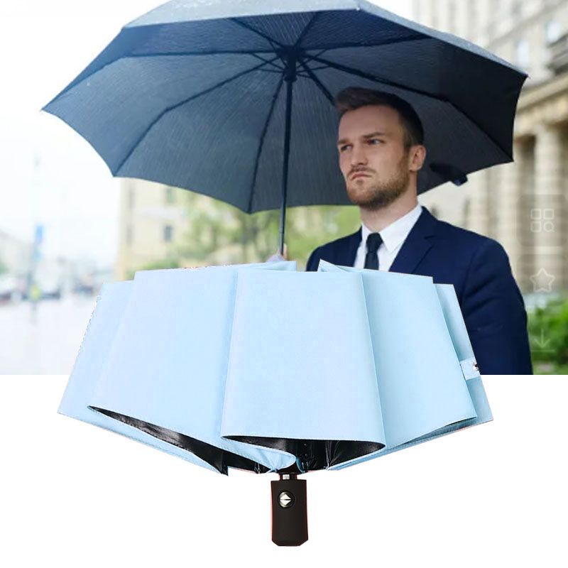 Travel Umbrella Sun Rain 3 Fold 8 Ribs Button Operation Light Weight Umbrella for Women Girl Daily Men Light Blue - Image 6
