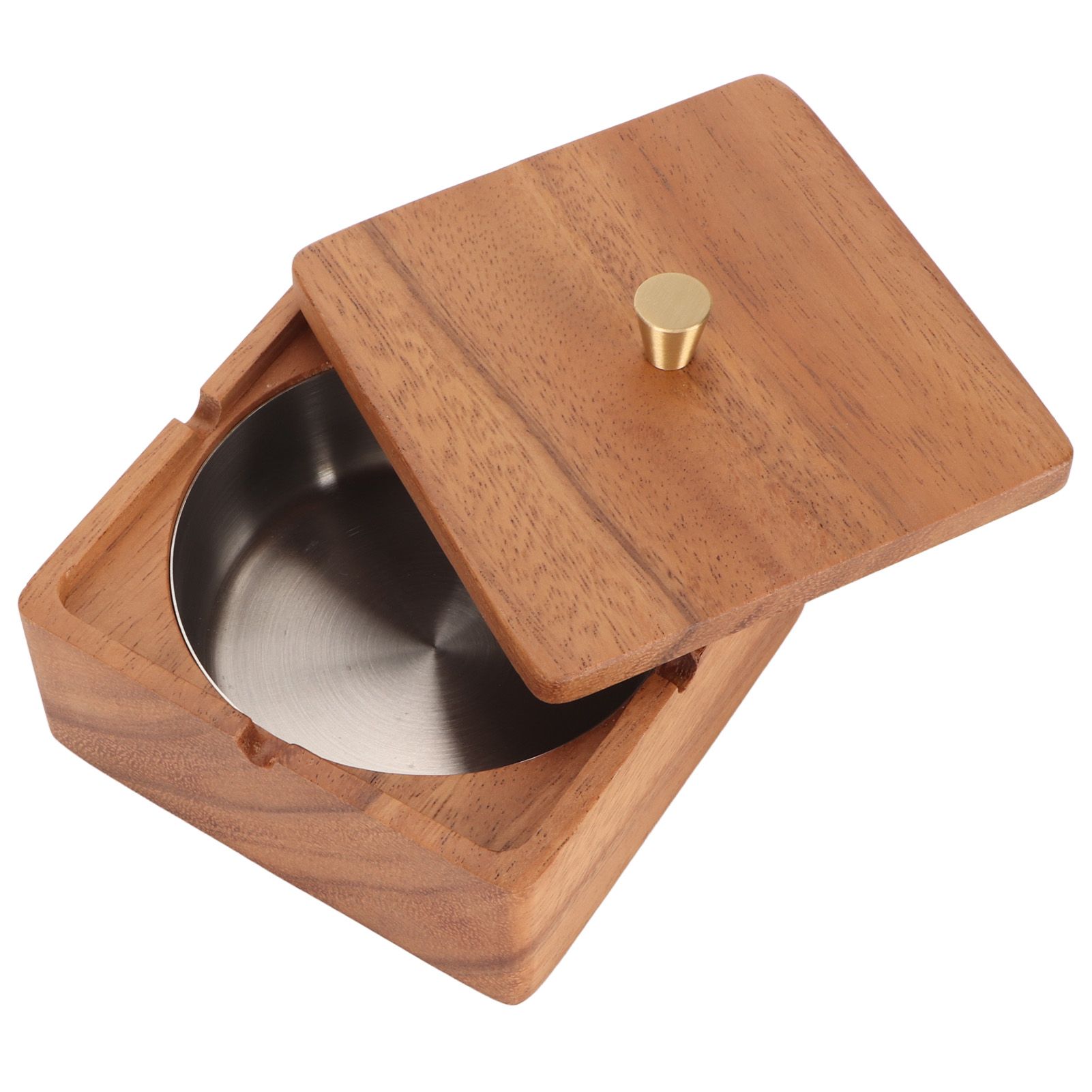 Cigar Ashtray with Lid Walnut Wood Windproof Decorative Desktop Cigarettes Ashtray for Outdoor Patio Indoor Home and Office Silver - Image 2