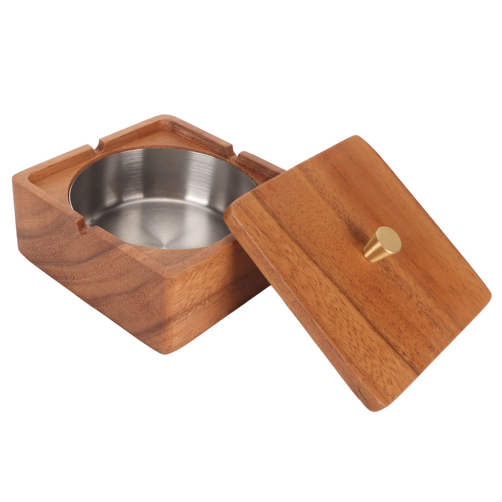 Cigar Ashtray with Lid Walnut Wood Windproof Decorative Desktop Cigarettes Ashtray for Outdoor Patio Indoor Home and Office Silver - Image 3