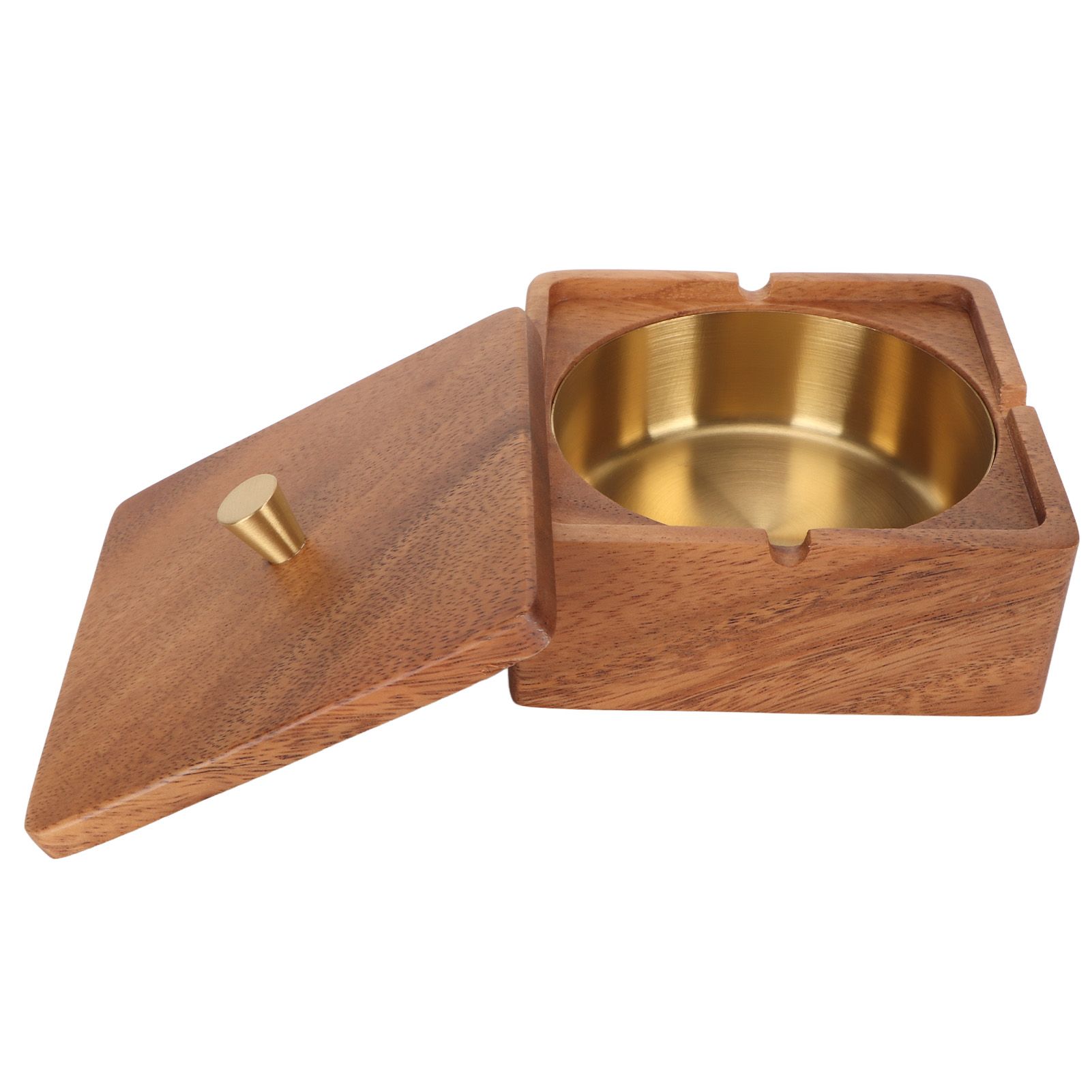 Cigar Ashtray with Lid Walnut Wood Windproof Decorative Desktop Cigarettes Ashtray for Outdoor Patio Indoor Home and Office Gold - Image 1