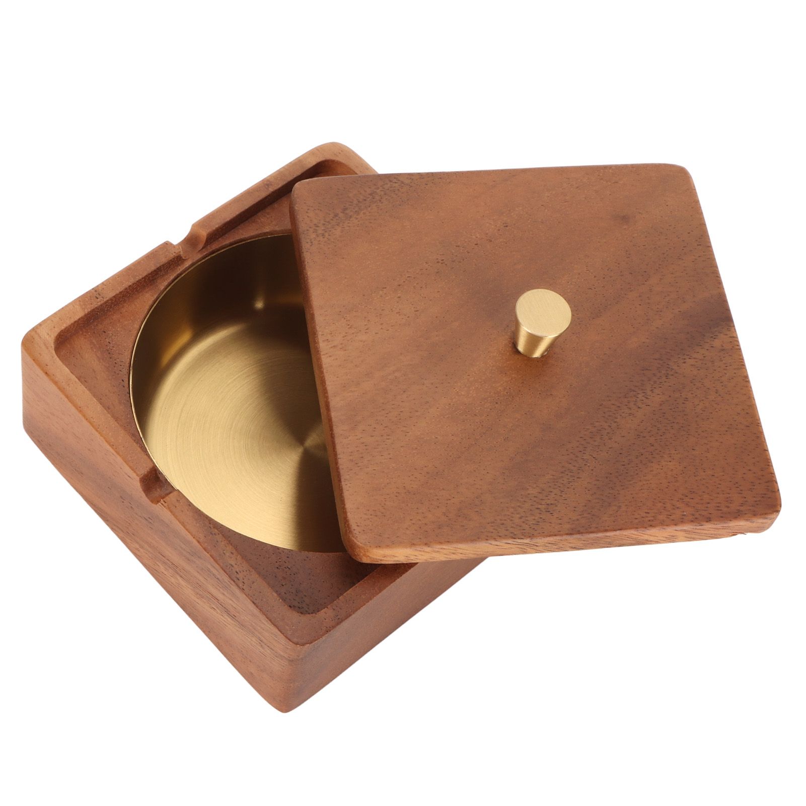 Cigar Ashtray with Lid Walnut Wood Windproof Decorative Desktop Cigarettes Ashtray for Outdoor Patio Indoor Home and Office Gold - Image 2