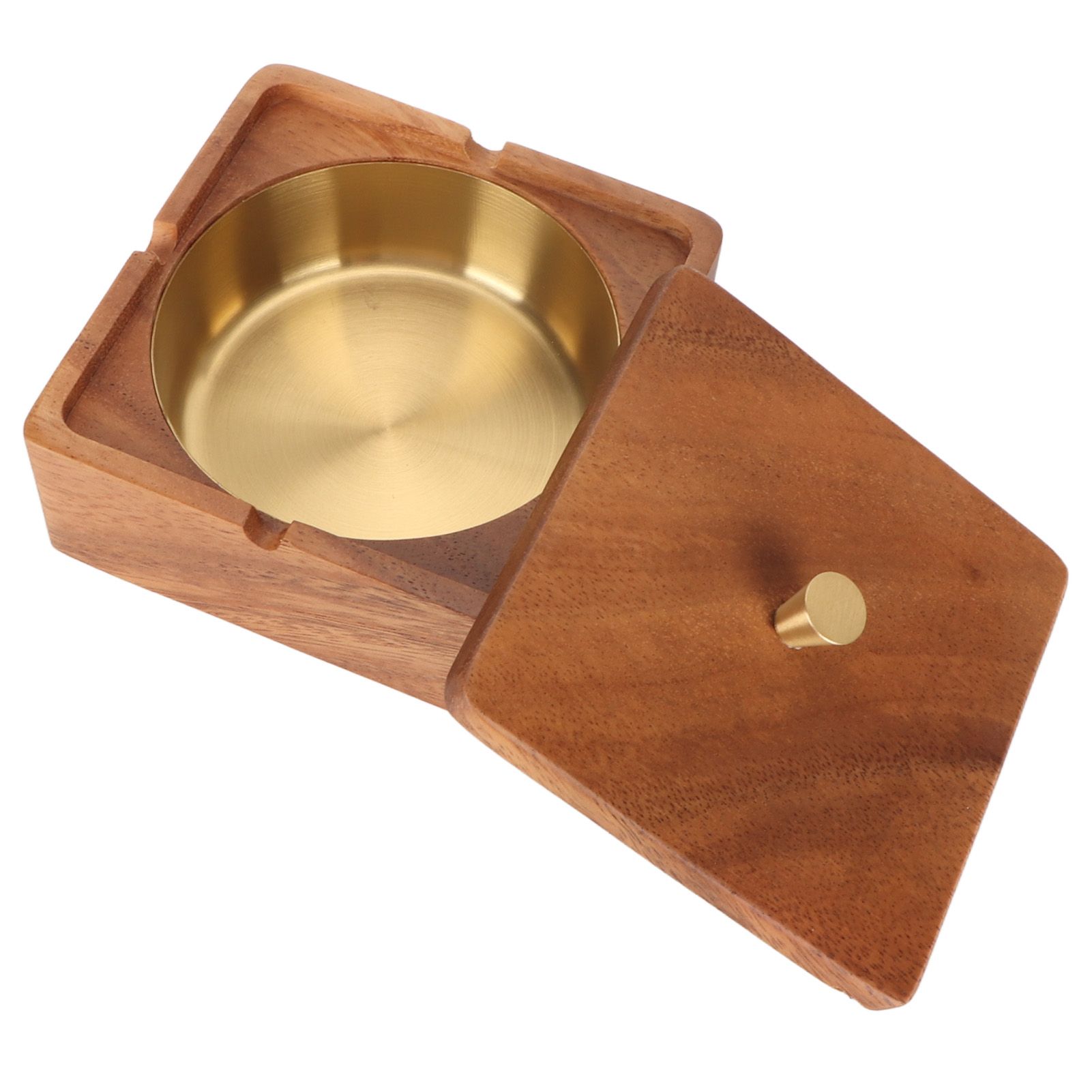 Cigar Ashtray with Lid Walnut Wood Windproof Decorative Desktop Cigarettes Ashtray for Outdoor Patio Indoor Home and Office Gold - Image 3