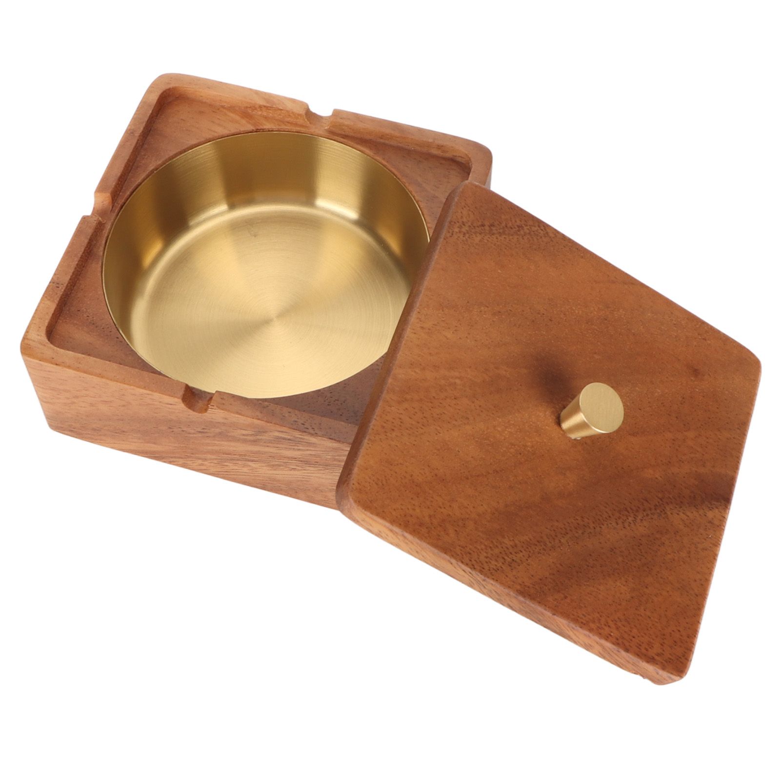 Cigar Ashtray with Lid Walnut Wood Windproof Decorative Desktop Cigarettes Ashtray for Outdoor Patio Indoor Home and Office Gold - Image 6