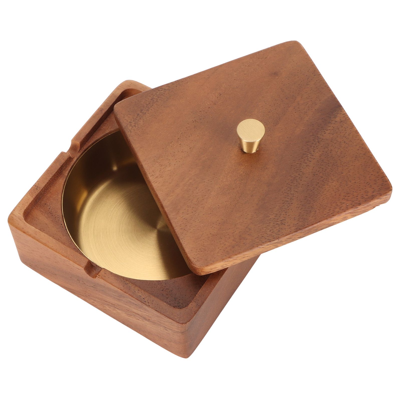 Cigar Ashtray with Lid Walnut Wood Windproof Decorative Desktop Cigarettes Ashtray for Outdoor Patio Indoor Home and Office Gold - Image 7