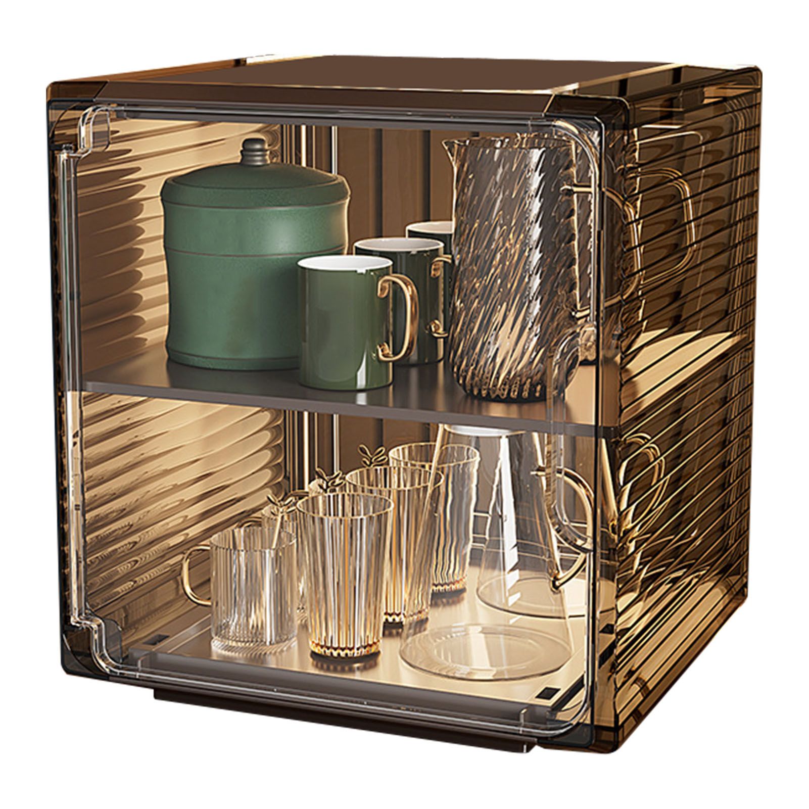 Cup Storage Rack Dustproof Stackable Plastic Clear Cup Organizer Box for Cabinet Desktop Medium Black - Image 1