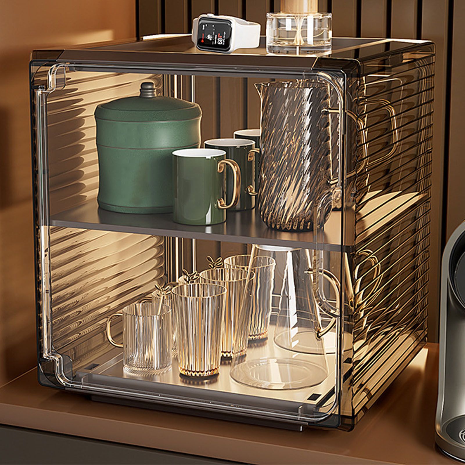 Cup Storage Rack Dustproof Stackable Plastic Clear Cup Organizer Box for Cabinet Desktop Medium Black - Image 5