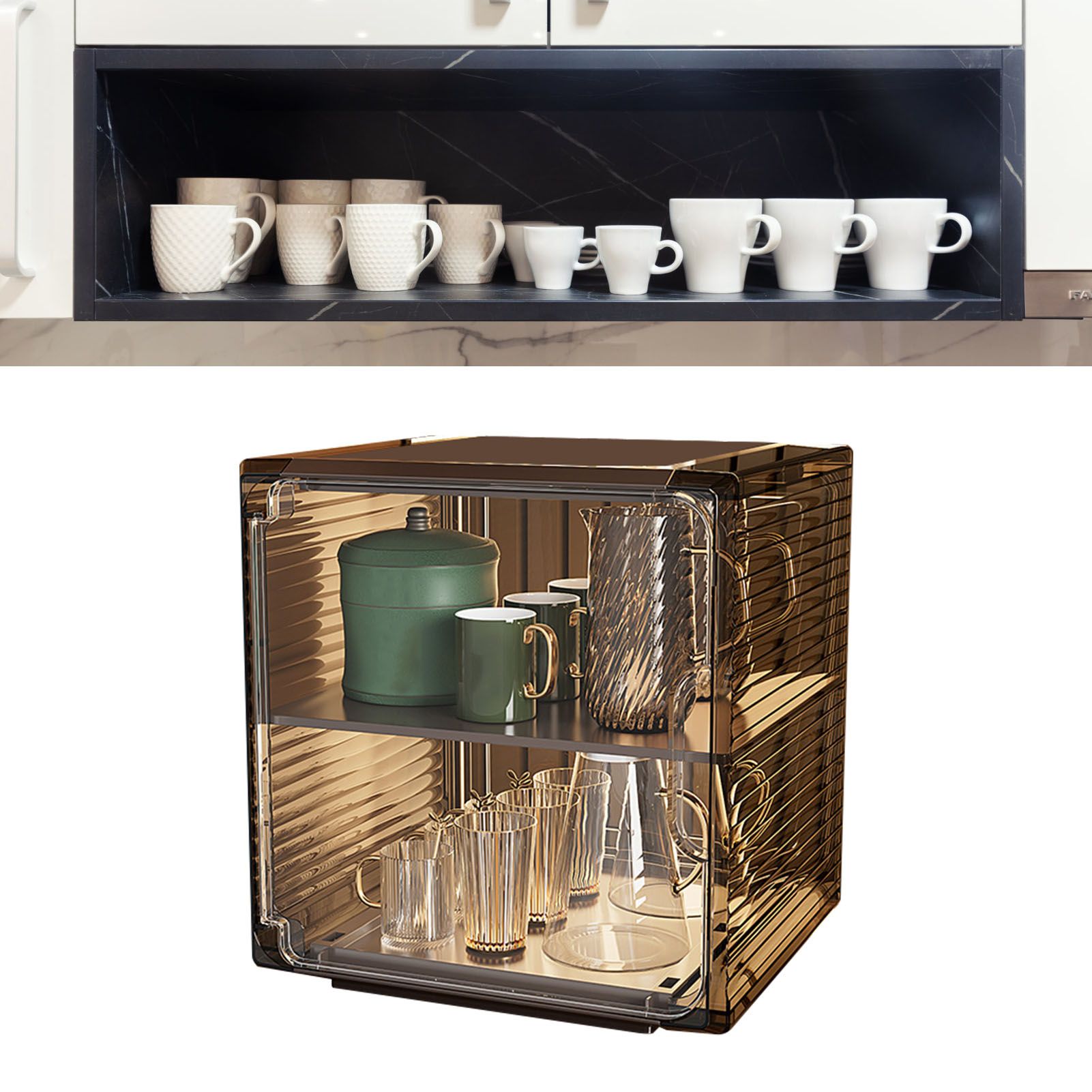 Cup Storage Rack Dustproof Stackable Plastic Clear Cup Organizer Box for Cabinet Desktop Medium Black - Image 6