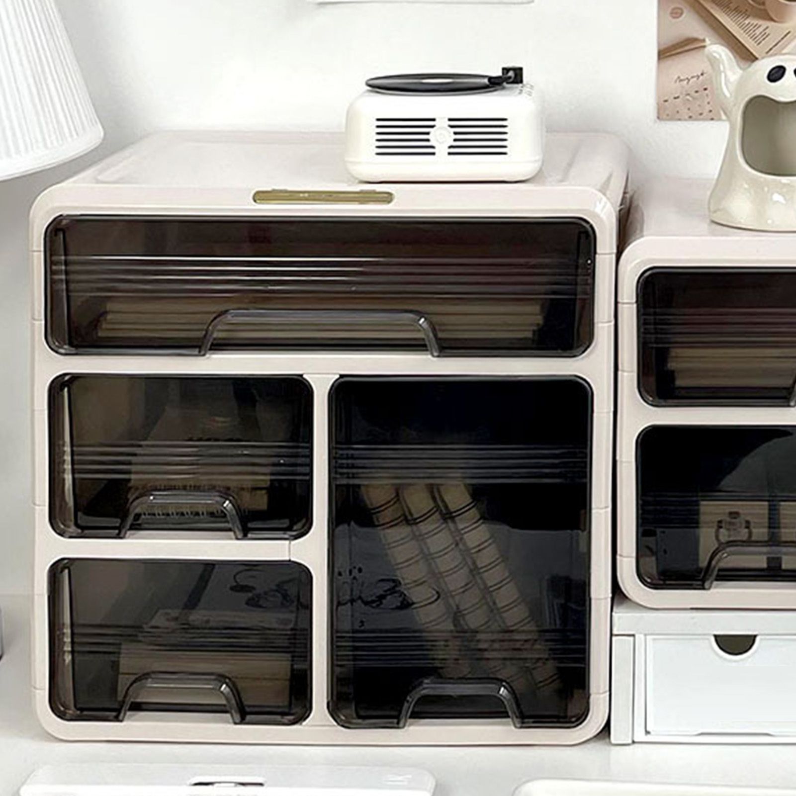 Desk Organizer with Drawer Plastic Desk Storage Box Desktop Organization for Home Collection Cosmetics Office Supplies Cream 3 Layer - Image 5